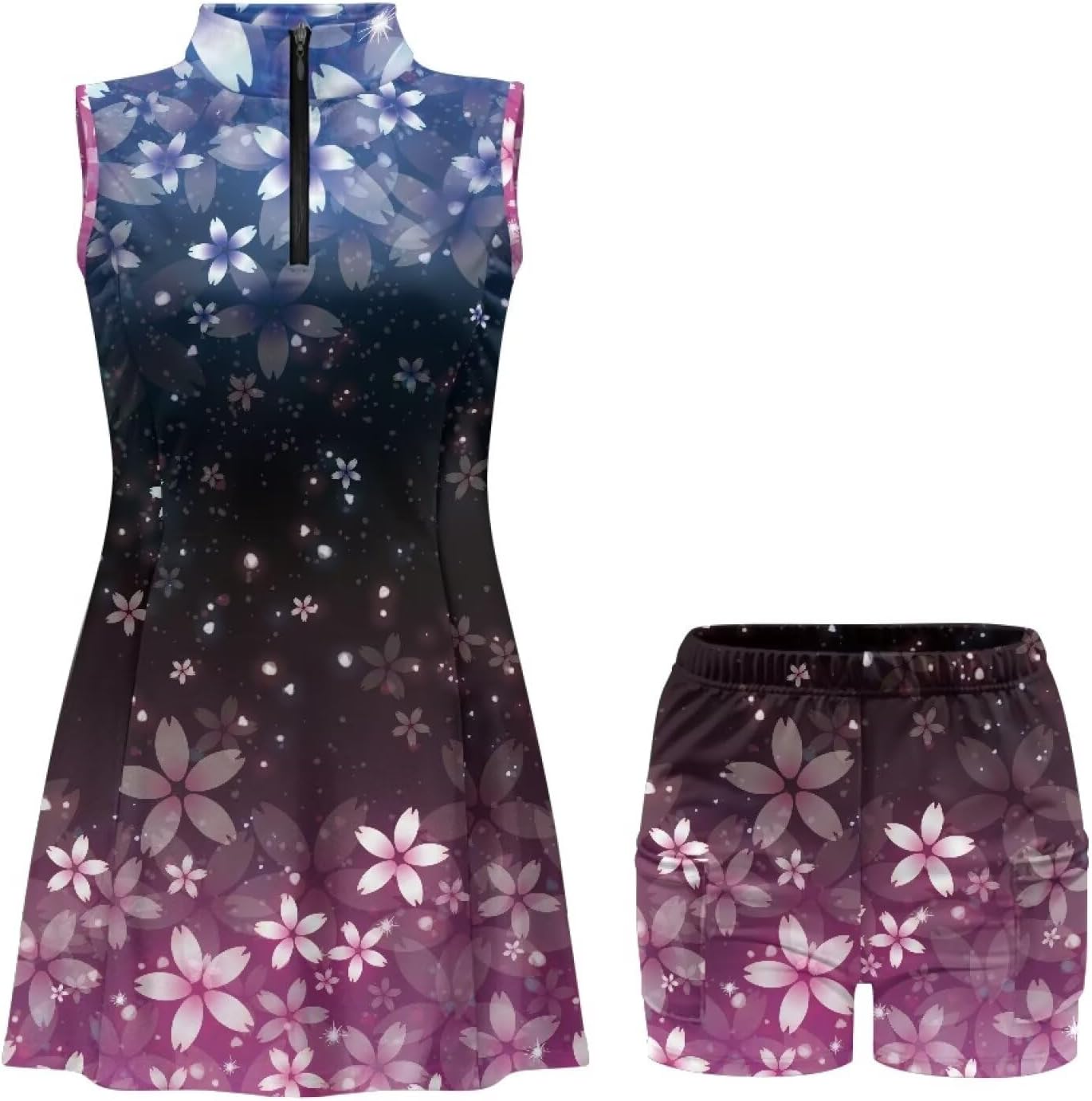 Cherry Blossom Tennis Dress for Women Sleeveless Golf Dresses Built in Shorts Quick Dry Zip Up Stand Collar Golf Outfits Athletic Clothes