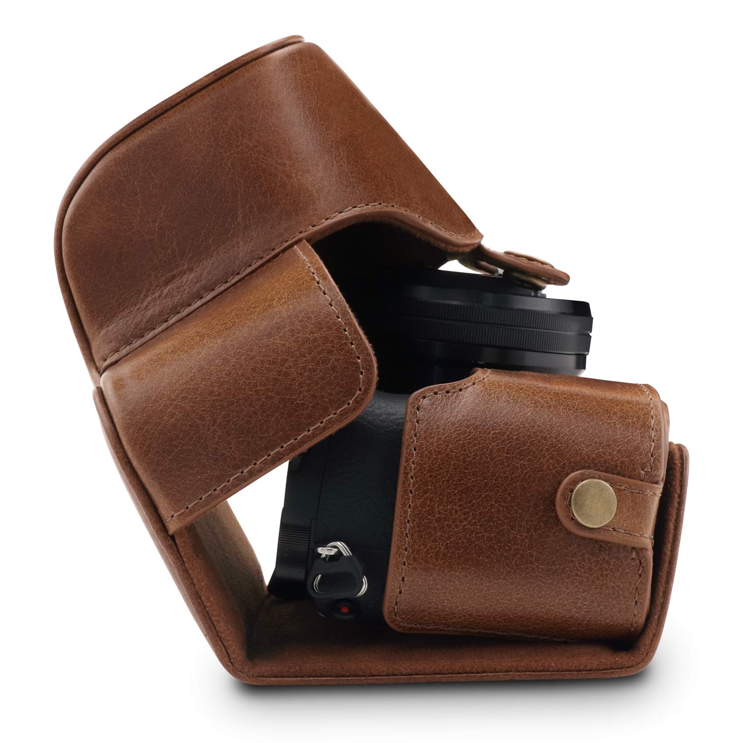 MegaGear MG1647 Ever Ready etui na aparat z prawdziwej skóry kompatybilne z Sony Alpha A6100, A6400 (16-50 mm) - brązowe