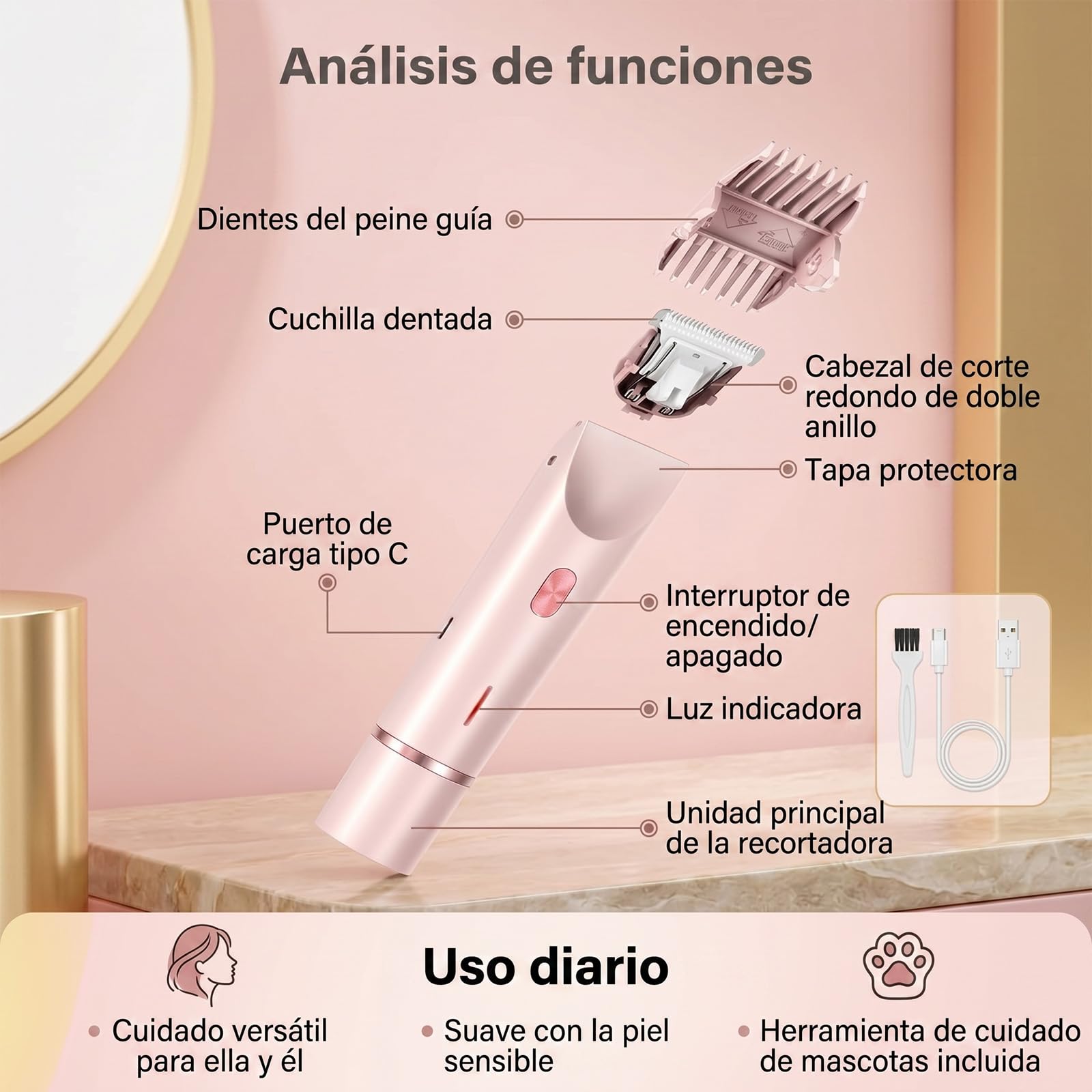 Sanuvia Depiladora Íntima 2 en 1 – Depiladora Eléctrica para Mujer, Cabezal Intercambiable, Exfoliación Suave, Impermeable, Carga USB-C, Ideal para Piel Sensible y Zona Íntima (rosa)