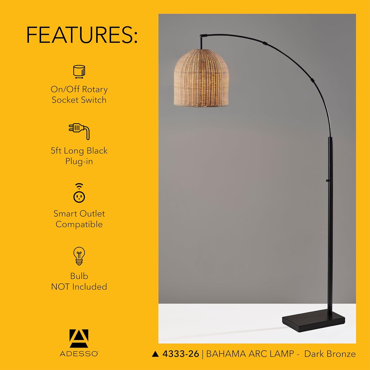 Adesso Bronze Arc Floor Lamp with a Rattan Shade – Modern, Coastal Overhead Accent Light for Bedroom, Living Room, or Home Office, 80” Tall