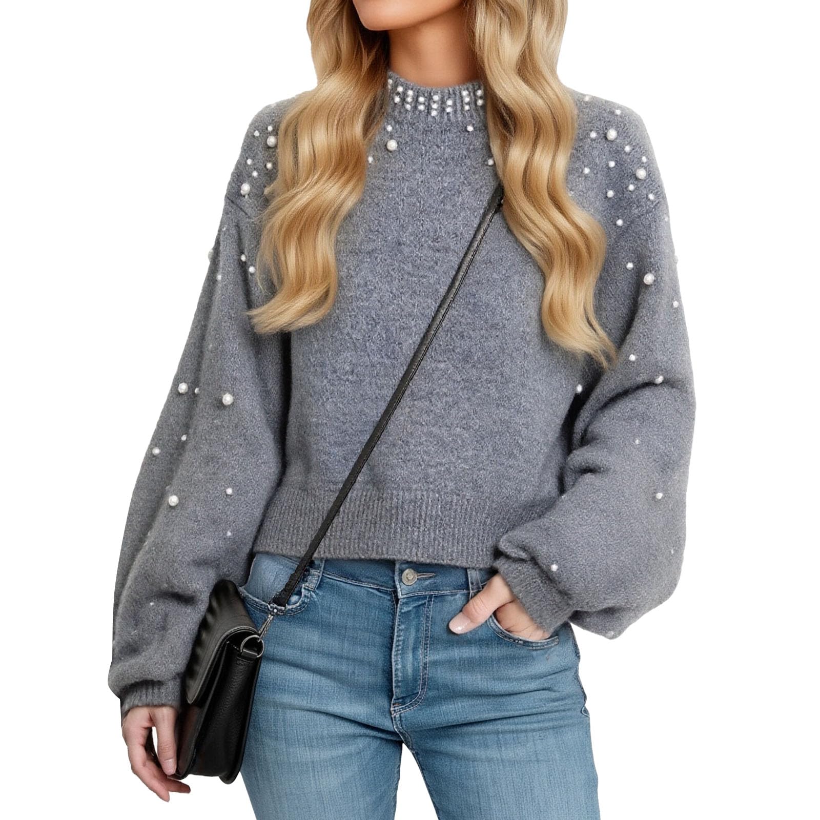 Womens Chunky Knit Pearls Embellished Sweater Dressy Crewneck Lantern Sleeve Oversized Pullover Sweaters
