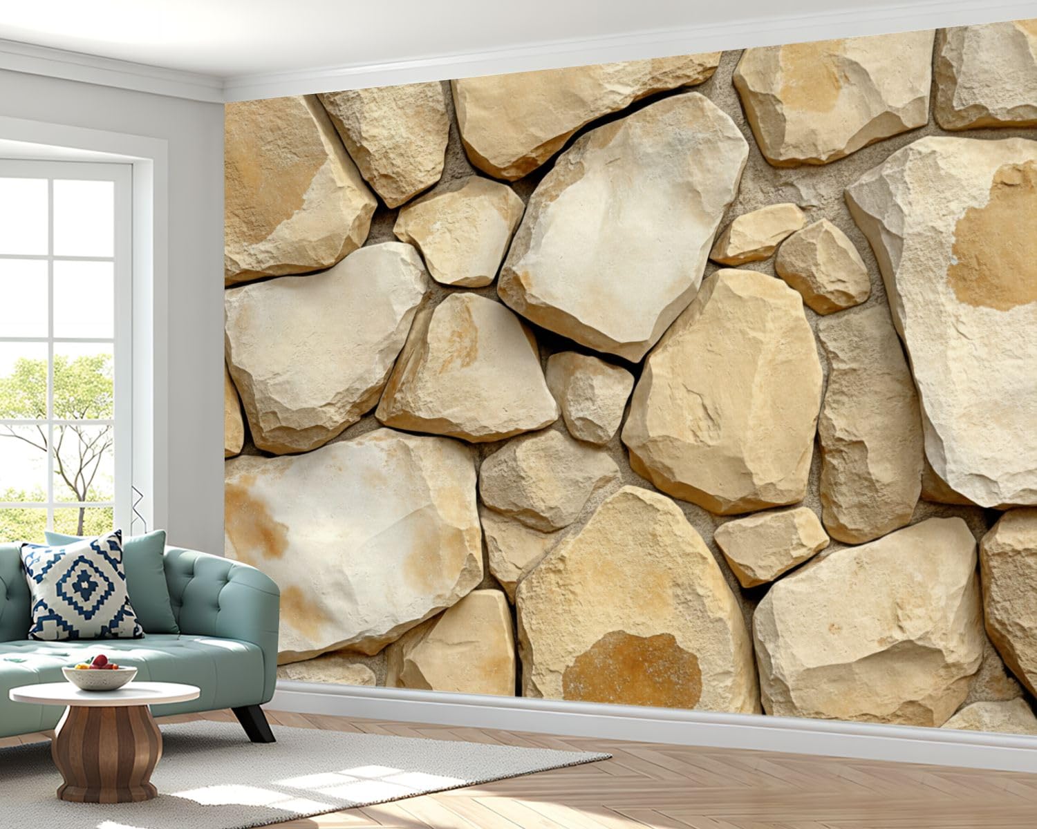 Peel and Stick Wallpaper 100'' x 144'' Self-Adhesive Wall Mural Natural Beige Stone Walls Texture Rough Surface Rustic Large Wall Sticker, Removable Decor for Bedroom Living Room, Office