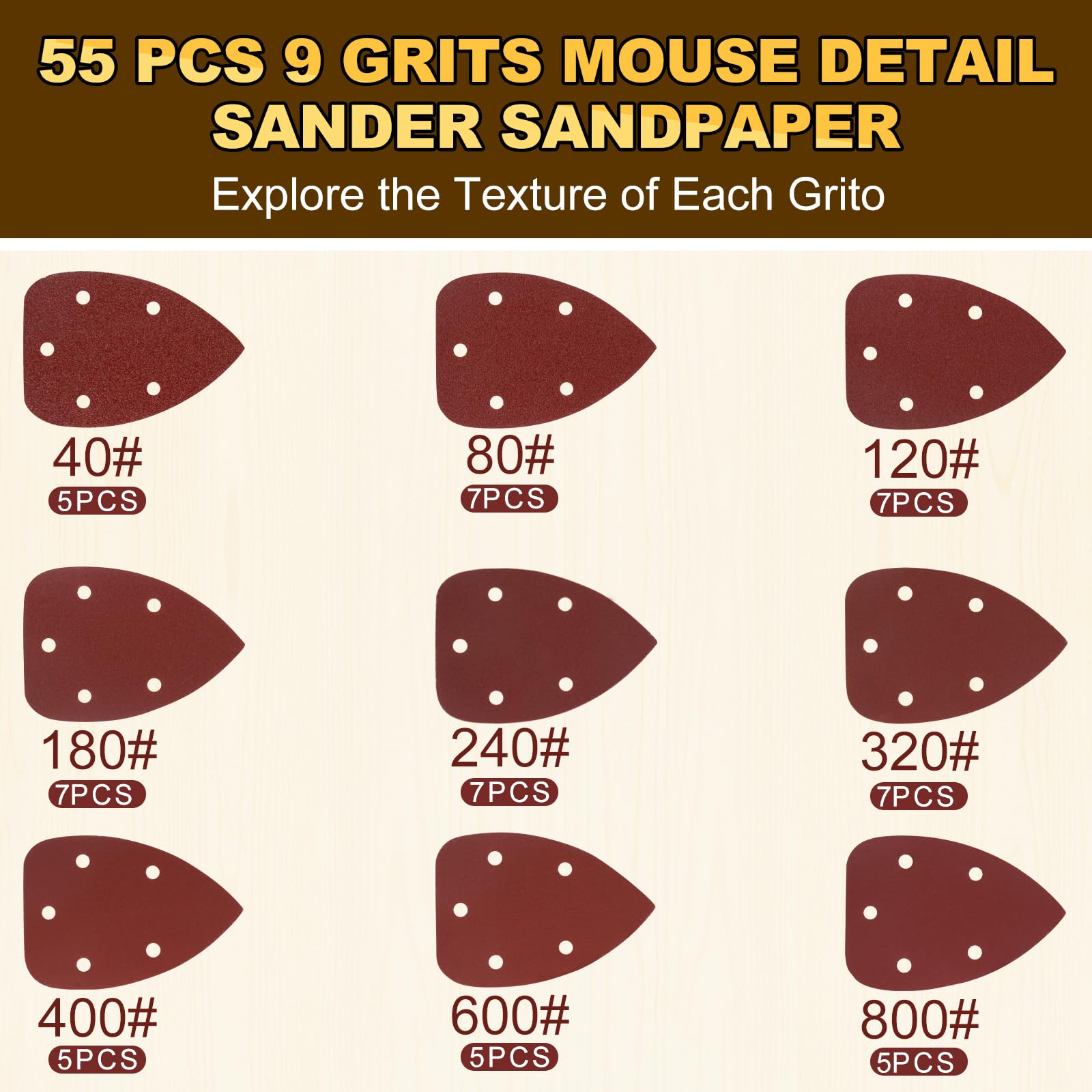 Mouse Sanding Pads - 55 Pcs, 9 Grits -2