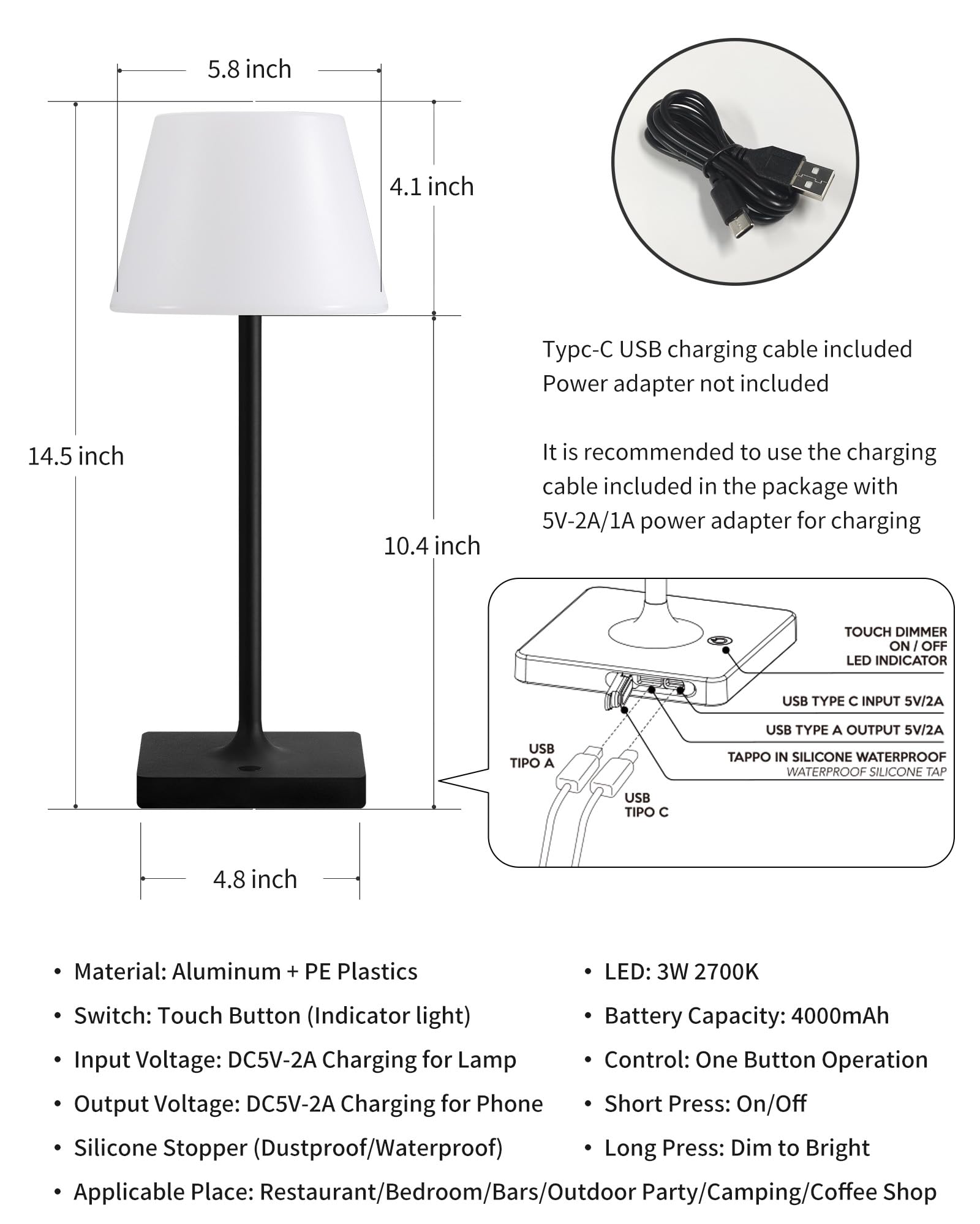 NEWSEE Lampada da tavolo portatile senza fili, impermeabile, 5000 mAh, alimentata a batteria ricaricabile, dimmerabile, lampada da scrivania a LED, moderna luce notturna per bambini, per camera da