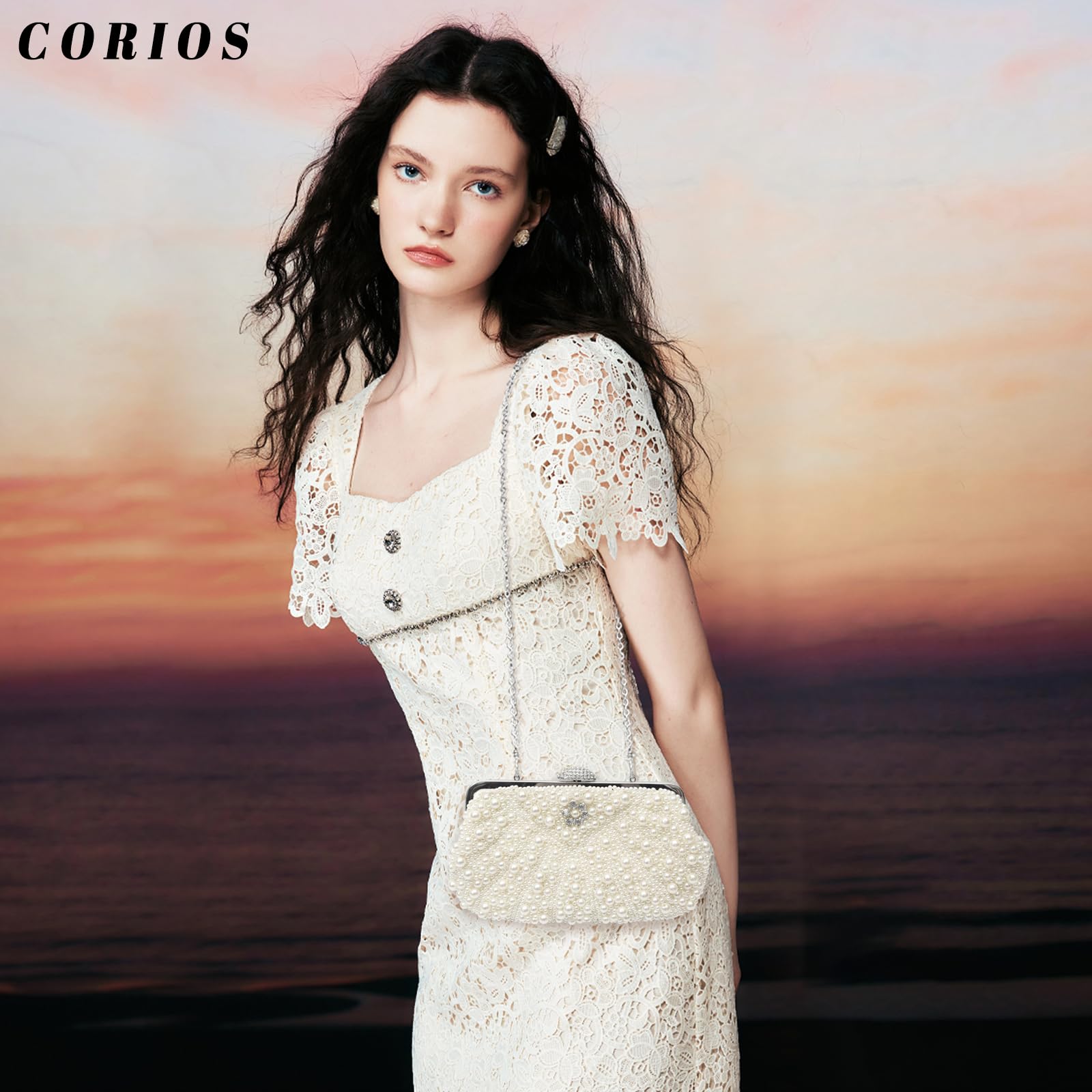 CORIOS Women Pearl Evening Bag Beaded Clutch Bag Bridal Wedding Purse Elegant Crossbody Bag Shoulder Bag with Detachable Chain Retro Banquet Cocktail Prom Party Handbag Beige