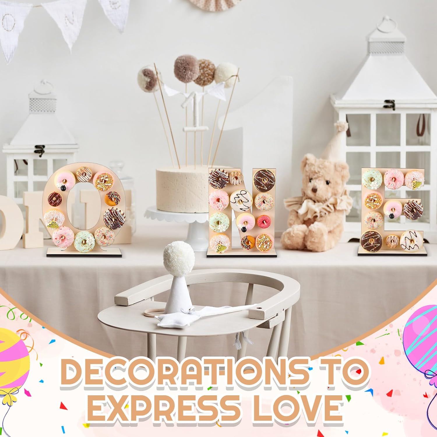 Colingmill One Letter Donut Stand Wooden Donut Wall Display Reusable Bagel Stand Holder Board for Wedding Birthday Party Baby Shower Anniversary Valentine Festival Dessert Table Decoration
