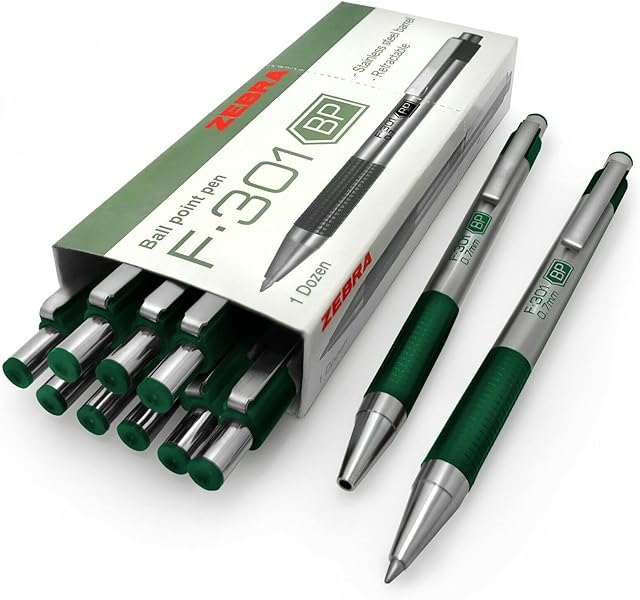 Zebra F-301 - Stainless Steel Retractable Ballpoint Pen - 0.7mm Medium - BLUE Ink Green Barrel - Pack of 12
