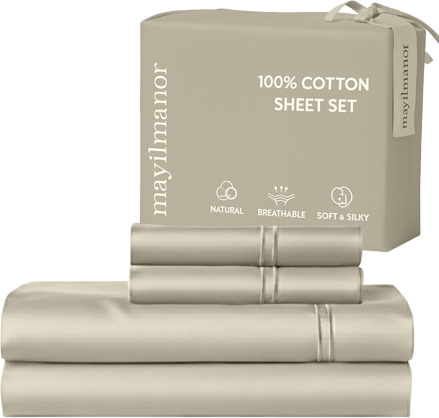 100% Natural Cotton Sheets Queen Size Bed Set | 500 TC Single-Ply Sateen Weave | Breathable & Hypoallergenic Solid 4-Piece Bedding with Deep Pocket Fitted, Flat, Pillowcase | Cream Beige Cream Beige 500 Queen