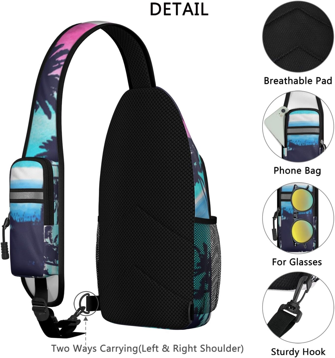 Palm Trees Crossbody Sling Backpack Mini Water Resistant Sling Bag with Adjustable Chest Strap for Outdoor Hiking Cycling Sports (Tropical Landscapes)