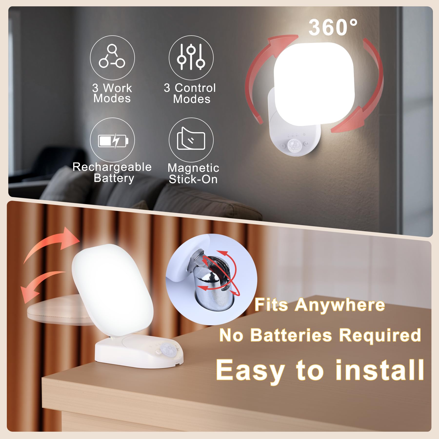 Cadrim Rechargeable Motion Sensor Wall Light, 3 Color Motion Sensor LED Wall Light, Magnetic Sensor Light Indoor - Image 2