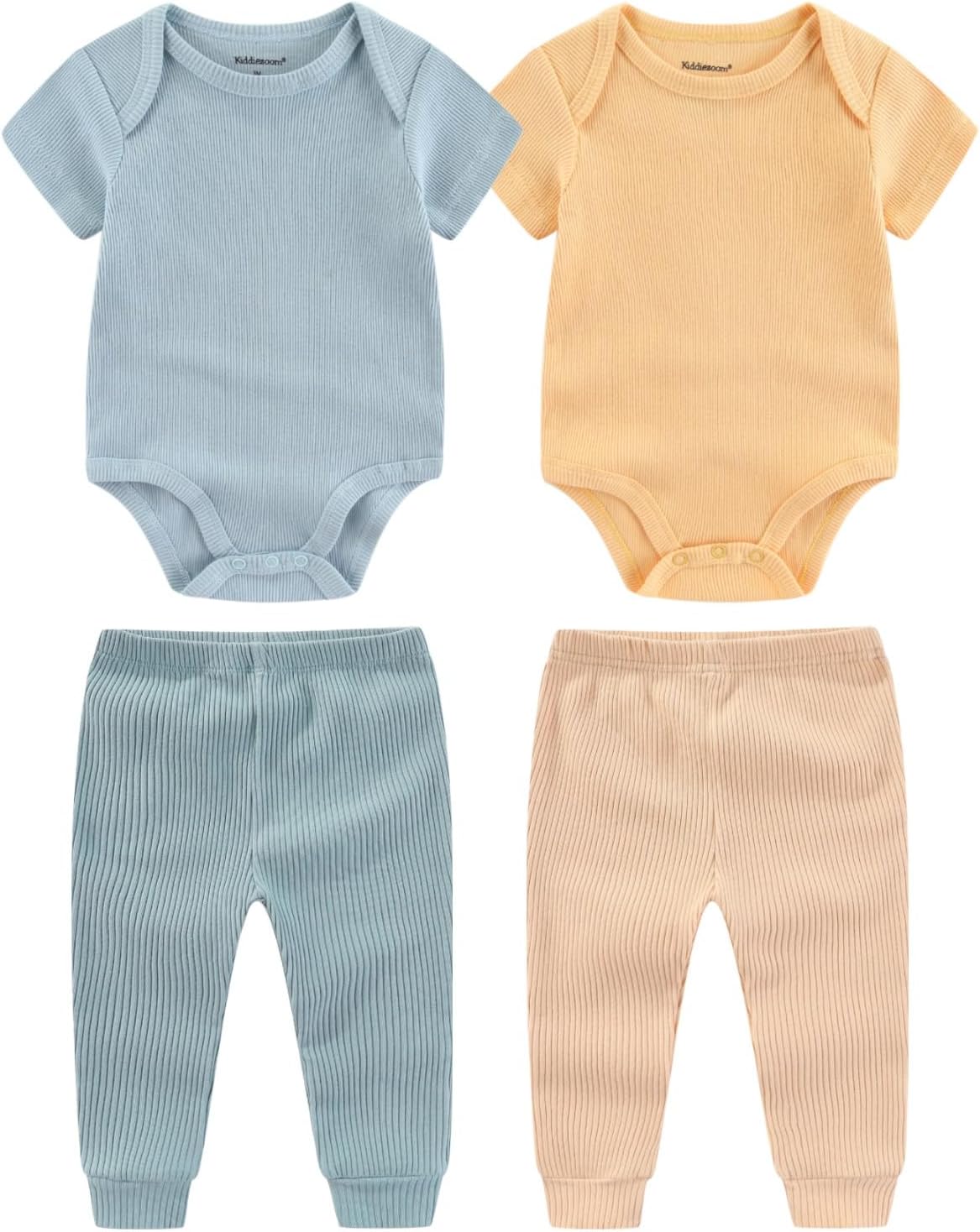 Newborn Baby Layette Set 4-Piece with Bodysuits and Pants Set for Unisex Baby Gift Sets
