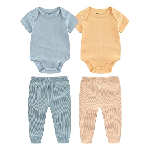 Kiddiezoom Conjunto de enxoval para bebês recém-nascidos, conjunto de 4 peças com bodies e calças para presente unissex para bebês