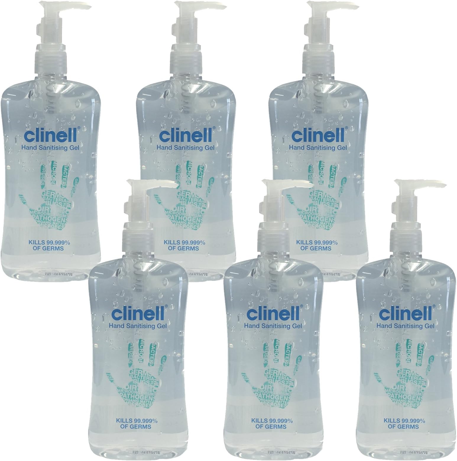 Clinell Premium Hand Sanitising Disinfectant Cleaning Gel Pump & Press Clip 250ml x 6 Bottles