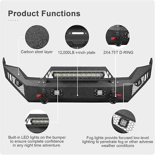 Miniatura 3 de Parachoques delantero todoterreno para RAM 1500 2013-2018, parachoques delantero de ancho completo 5 luces en D, barra de toro placa de cabrestante