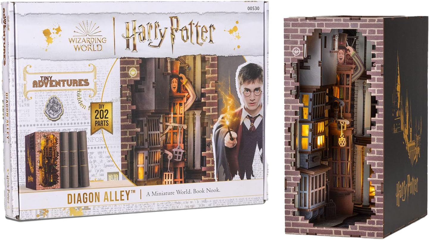 Revell Modellbausatz Tiny Adventures I Diagon Alley Harry Potter I 3D Miniaturhaus I Book Nook Holz Buchstütze I Geburtsagsgeschenk für Fans I Buchstütze Harry Potter