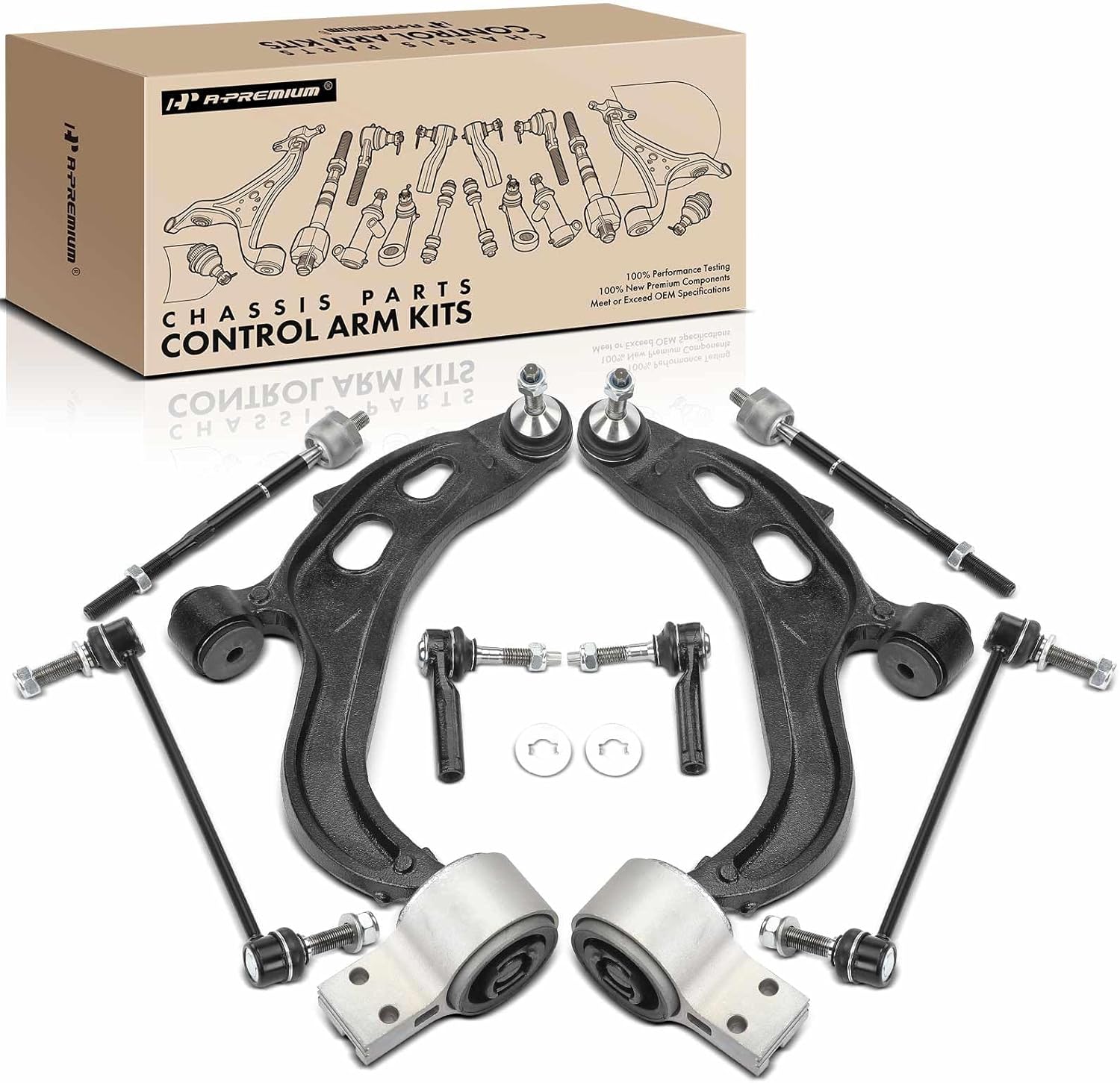 A-Premium Set of 8, Front Lower Control Arm, Sway Bar Link, Inner Outer Tie Rod End, Compatible with Ford Taurus 2012-2016, Flex 2012 2014-2015 & Lincoln MKS 2012-2013, MKT 2012-2016