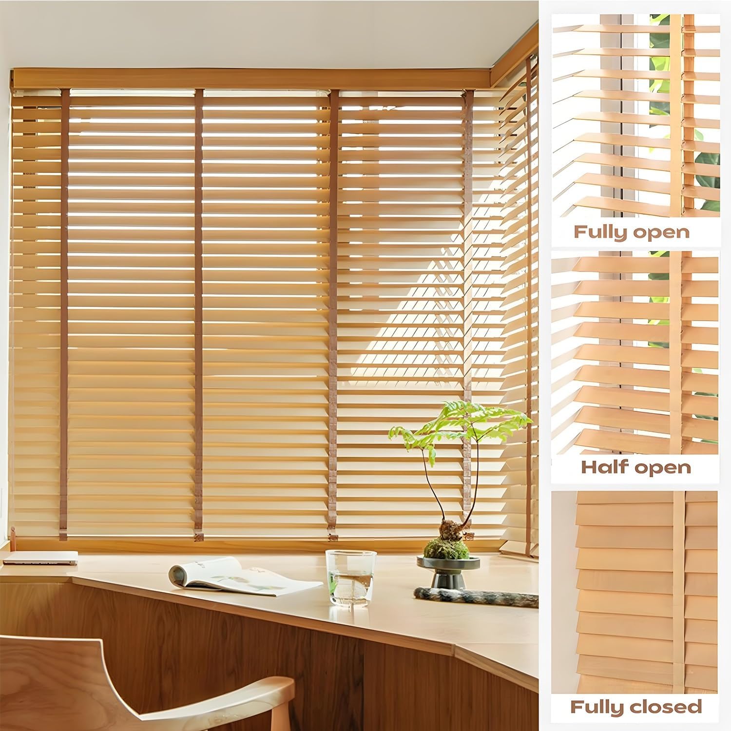 Wooden Venetian Blinds Cordless Wood Window Blinds Privacy Windows Shades Wide 14" 17" 24" 28" 32" 35" 41" 46" 49" 53" 58" 62" 70" 75" Light Filtering/Blackout Blinds for Indoor Windows(Wood)