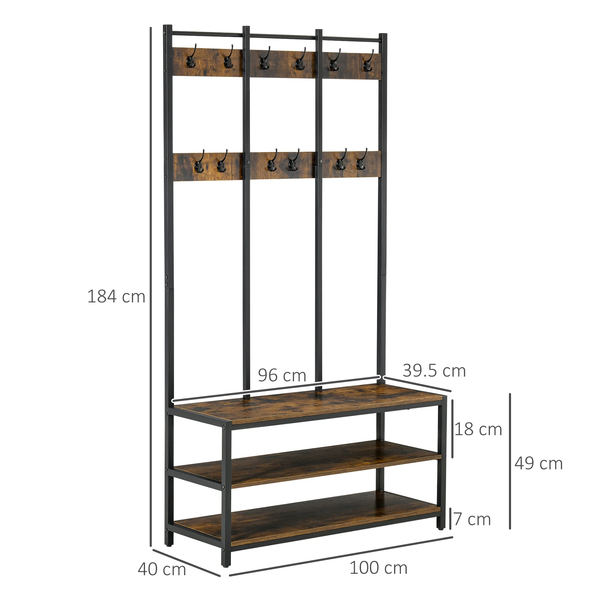 HOMCOM Ständer 100cm x 38.5cm x 185.5cm Rustikal Braun/Schwarz | Freistehender Flurgarderobe, Mantel mit Haken, Bank und Schuhregal, Industriestil