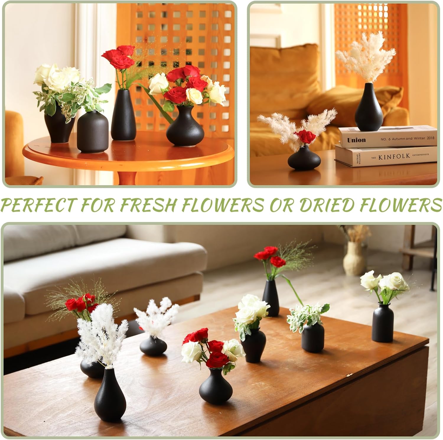 Small Black Vases Set of 8 - Mini Ceramic Bud Vases for Flowers, Pampas Grass, Rustic and Modern Home Decor, Perfect for Living Room, Table Centerpieces, Black Vases Home Decor, Bathroom Decor