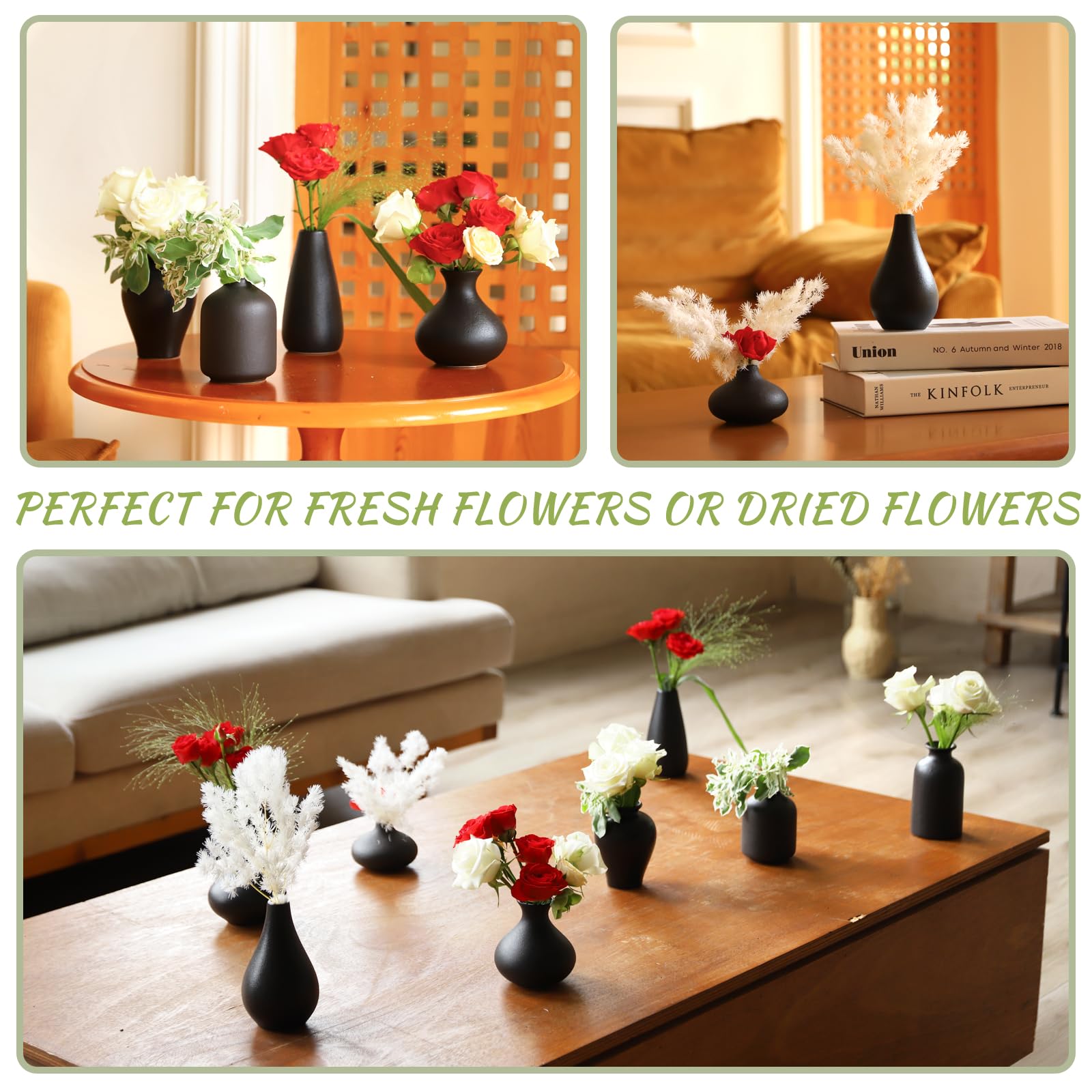 Kleine schwarze Vasen Set von 8 – Mini-Keramik-Vasen für Blumen | Pampasgras, perfekt für Wohnzimmer, Tischdekoration, schwarze Vasen, Heimdekoration, Badezimmerdekoration