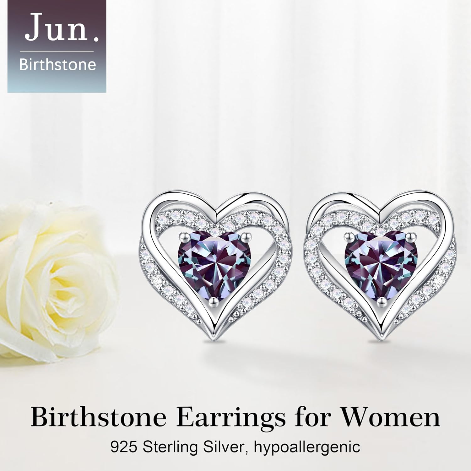 Iefil Birthstone Earrings for Women - 925 Sterling Silver Heart Stud Earrings Birthday Gifts for Women - Image 4