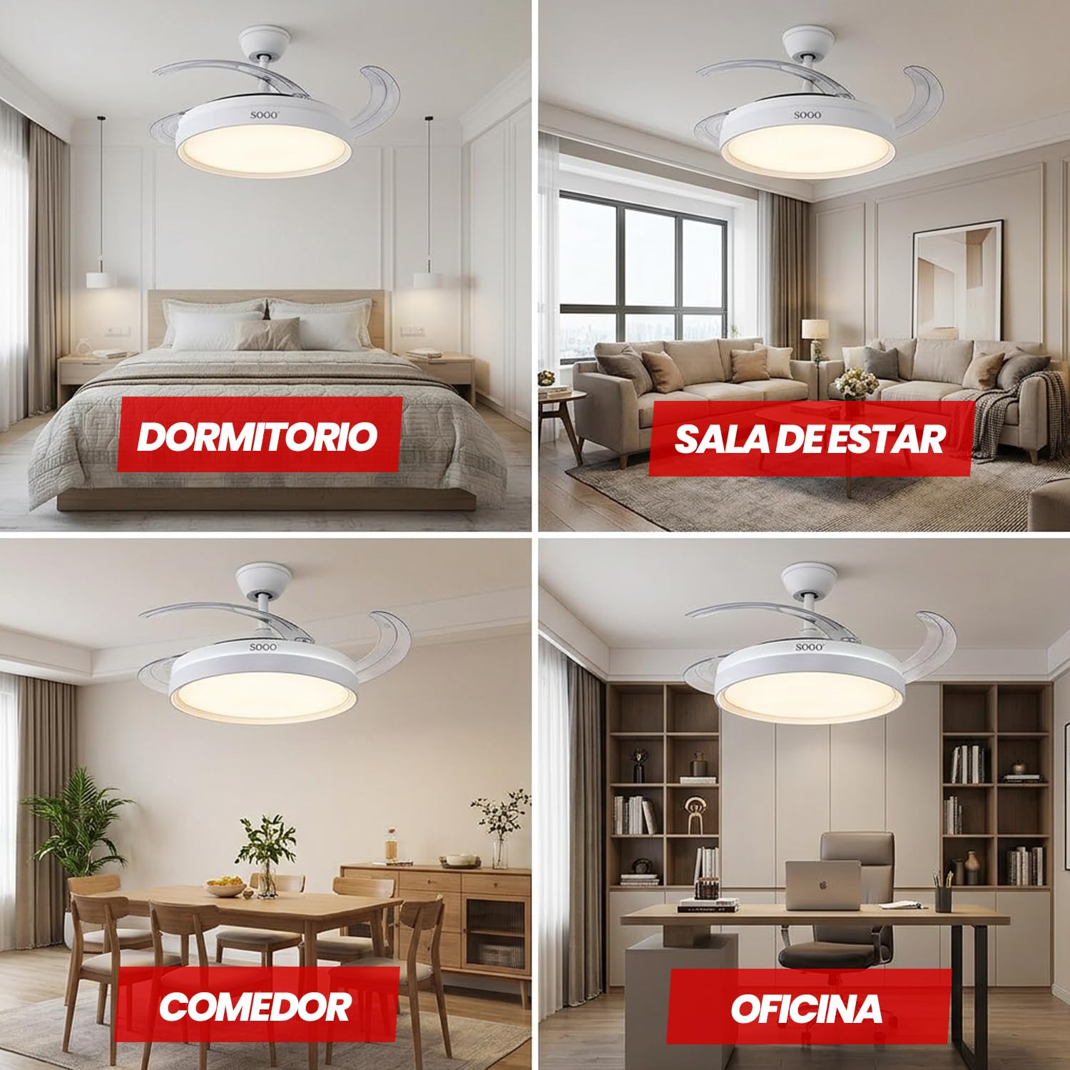SOGO Ventilador Techo Plegable con Luz LED Regulable y Motor Silencioso - Ventilador Techo con Mando a Distancia y Temporizador Reversible - Ventilador Techo Aspas Retráctiles Madera Bajo Consumo