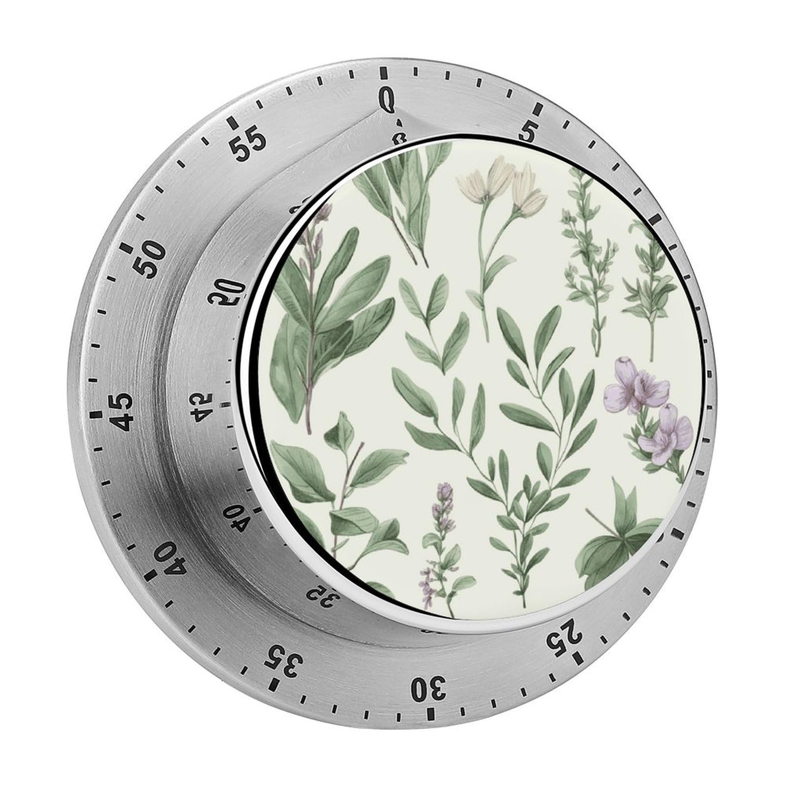 60 Minute Wind Up Timer, Visual Mechanical Timer with Loud Alarm, Green Flower Herb Sage Leaves and Branches Kitchen Timers for Cooking - No Batteries Required - Magnetic Backing, Exquisite Stainless