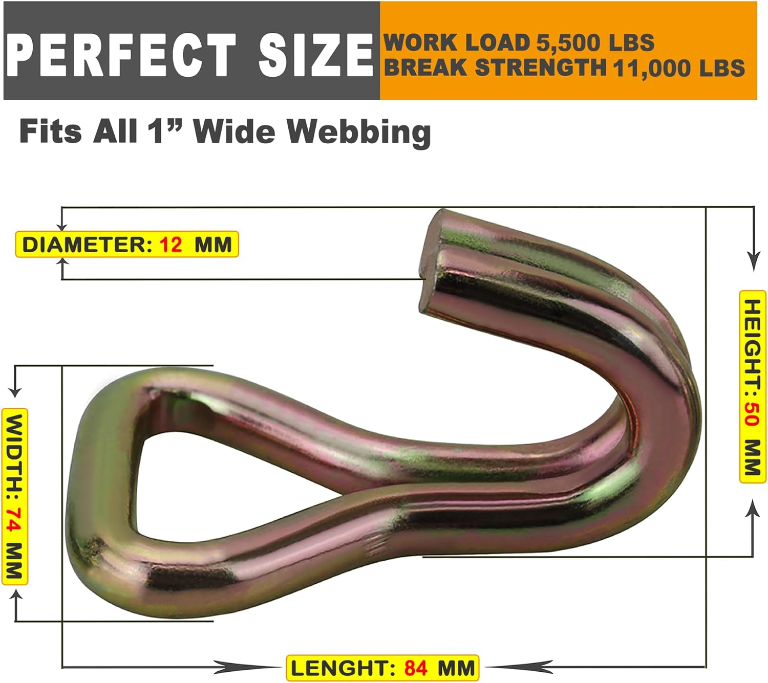 Double J Hook - Load 11,000 LBS - Suitable for 2 Inch Tie Down Strap Webbing - Car Truck Trailers - Pack of 4 Golden