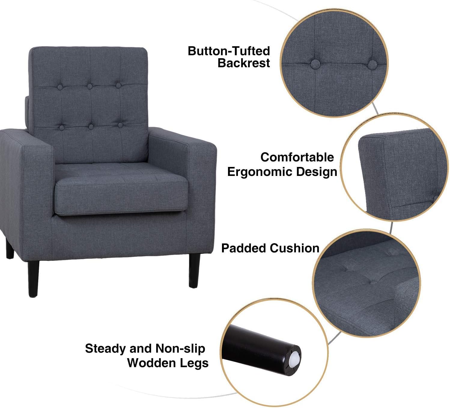 MOLANEPHY Mid-Century Accent Chair, Home Upholstered Arm Chairs for Living Room, Bedroom, Thick Padded Modern Sofa (Dark Gray) : Home & Kitchen