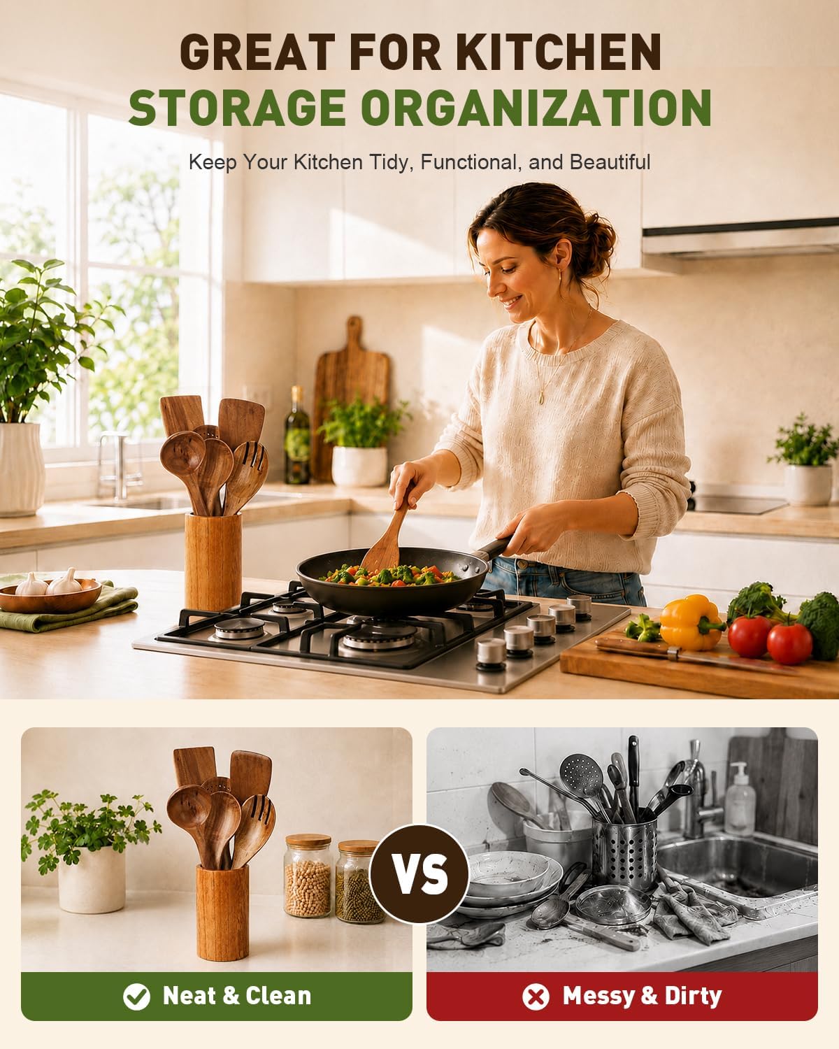 7 PCS Natural Solid Teak Wooden Kitchen Utensil Set with Holder | Heat Resistant, Non-Scratch, Safe for Nonstick Pan, Easy to Clean, Daily Cooking Use, Holder and 6 Hooks for Organization