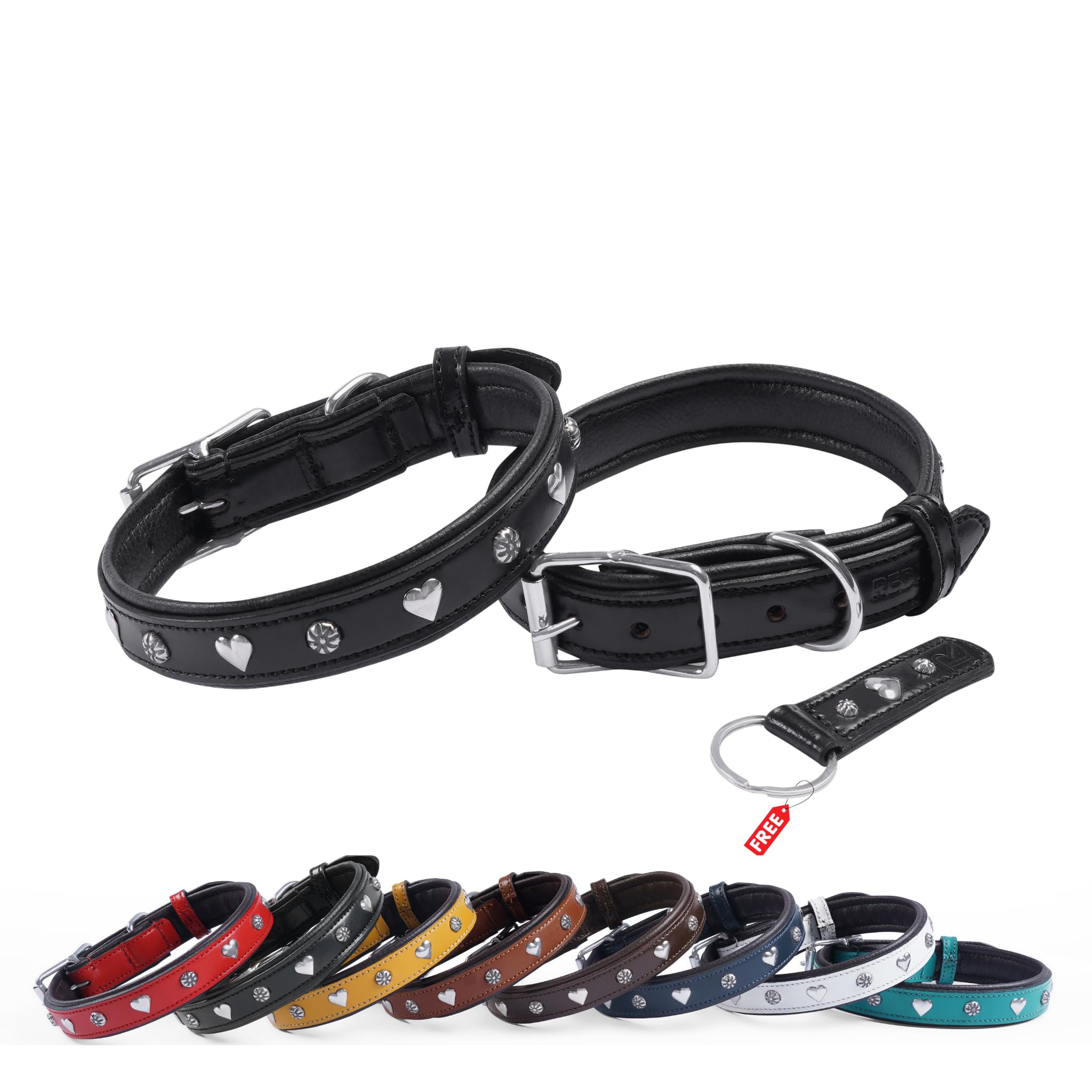 REDLUXE Genuine Leather Dog Collar with Heart Studs, Soft Padded Adjustable Pet Collar for Small, Medium & Large Dogs, Heavy Duty Metal Buckle (BLACK, XL)