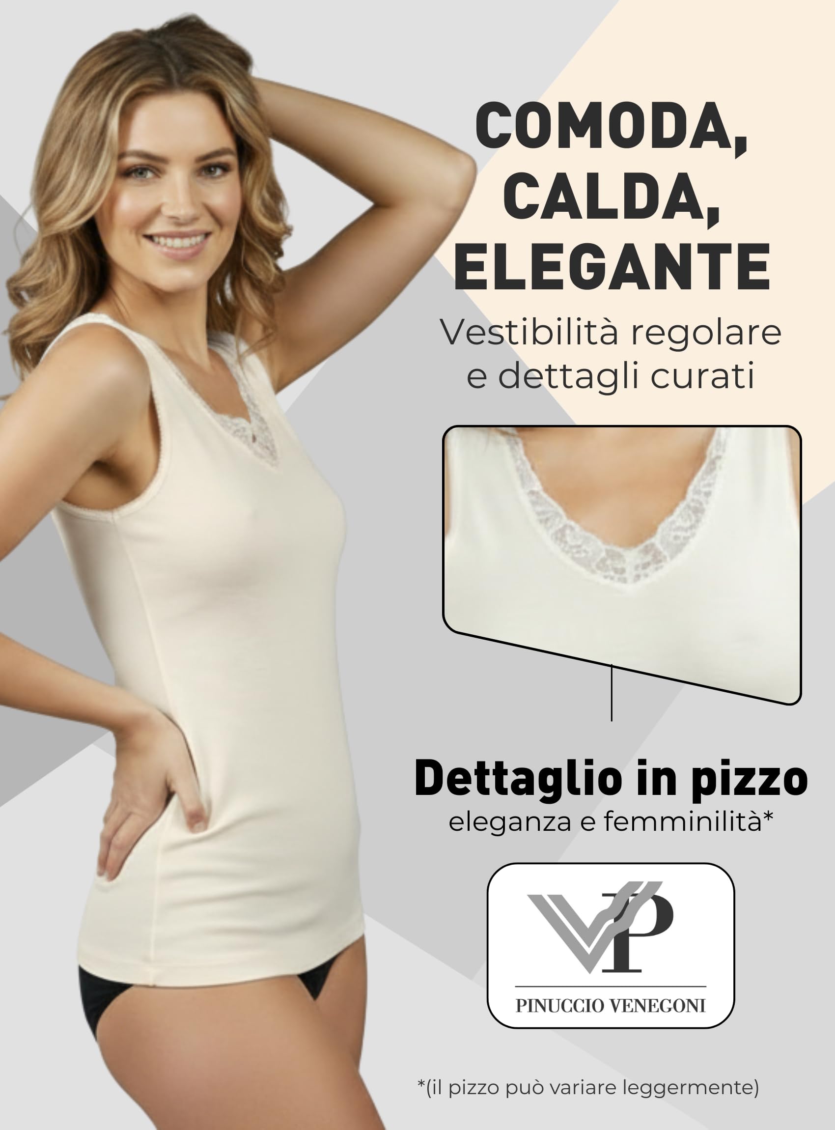 VP PINUCCIO VENEGONI Set 3 Canottiere Donna Spalla Larga in Lana e Cotone | Intimo Termico Made in Italy, Dettaglio in Pizzo