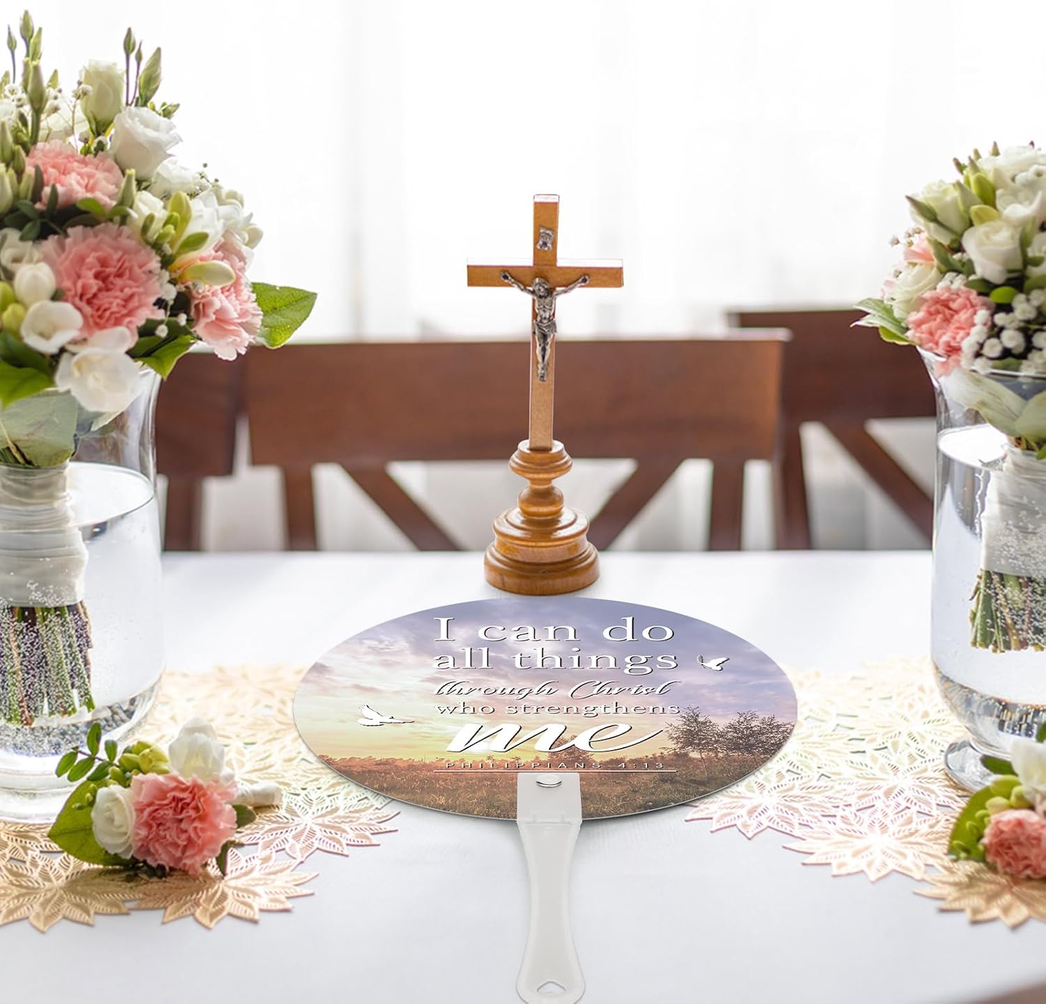 50 Pcs Church Fans Handheld Bulk Christian Inspiration Religious Gifts Bible Verse Scripture Hand Fans with Plastic Handle for Women Men Church Visitor Welcome Services(Sky)