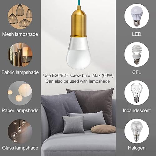 Miniatura 6 de Lámpara colgante con cable de enchufe, lámpara colgante con enchufe, enchufe de tela verde azulado, cubierta con interruptor, cables de iluminación