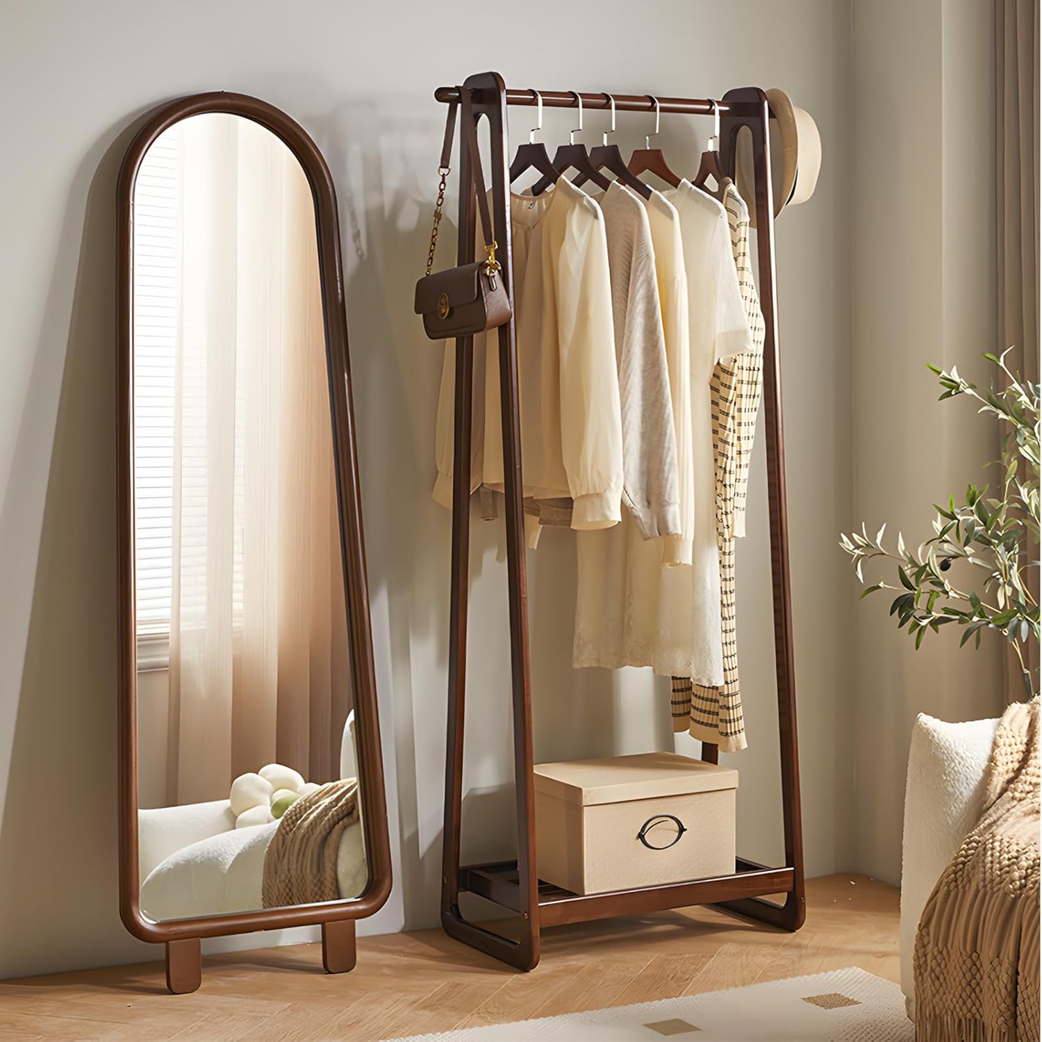 Solid Wood Clothing Rack with Shelf, Freestanding Garment Rack with Hooks, Rubberwood Clothes Organizer for Bedroom Entryway, Minimalist Wooden Clothes Stand (Walnut, 31.5" W)