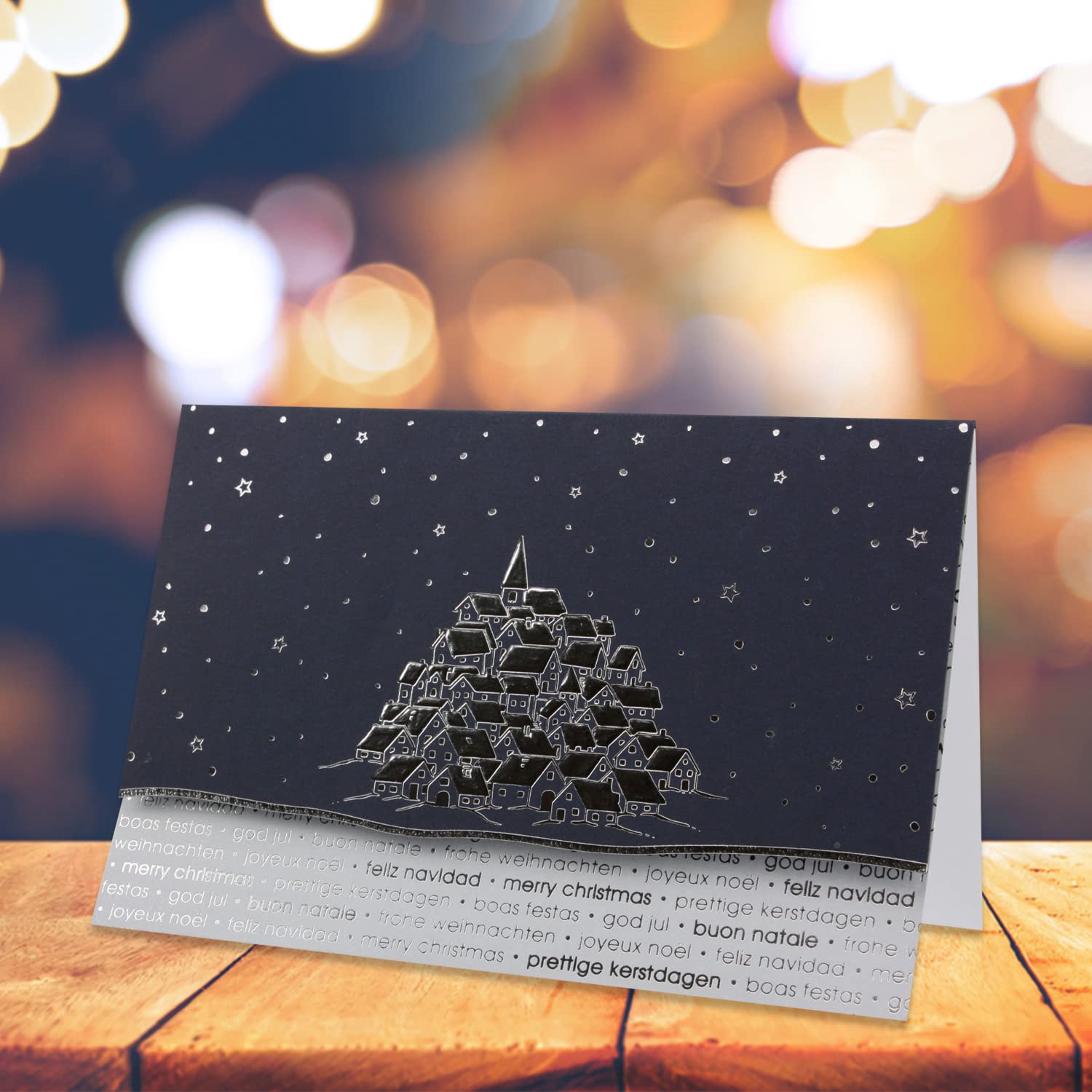 Lot de 200 cartes de Noël avec enveloppes argentées - 11,5 x 17 cm - DIN B6 - Motif : ville enneigée - Cartes pliantes pour vœux de Noël