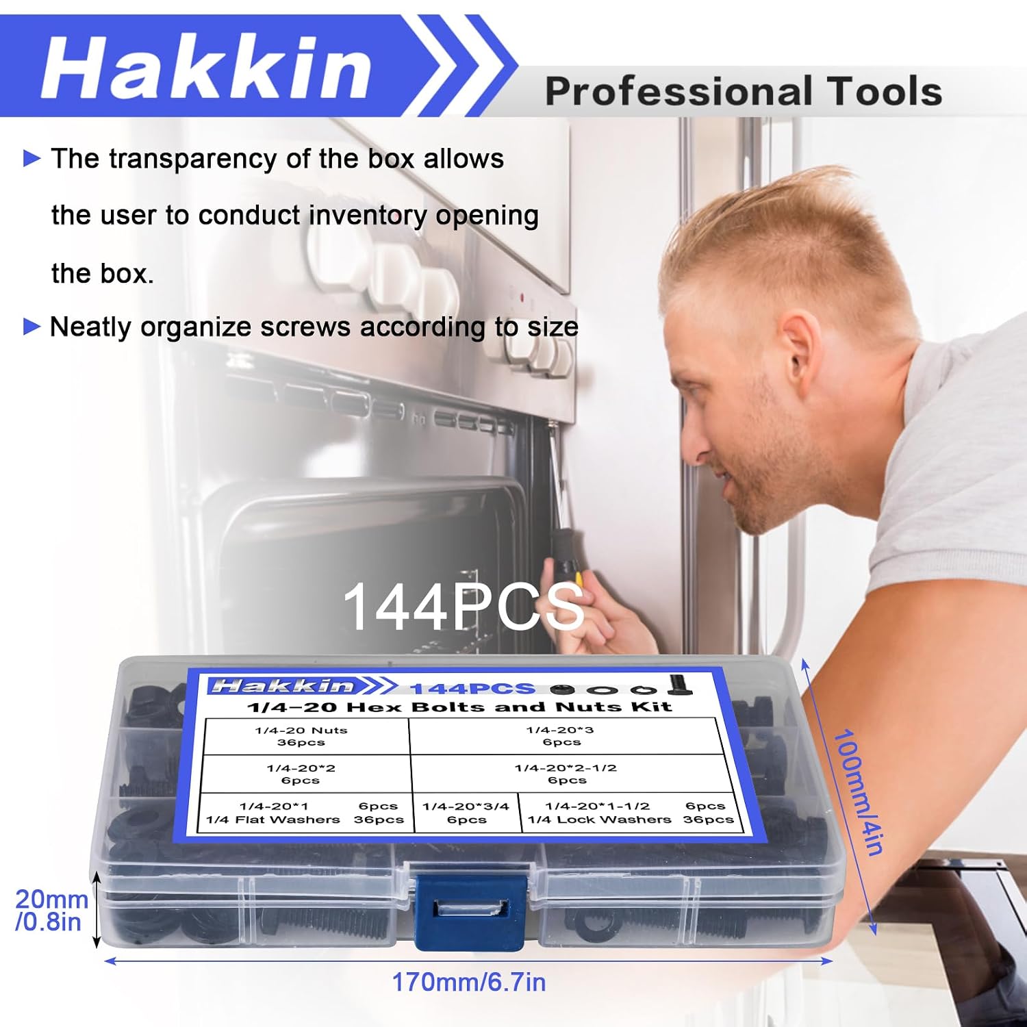 Hakkin 144PCS 1/4-20 Nuts and Bolts Assortment Kit, Carbon Steel 1/4" Hex Bolts and Nuts Kit, Flat & Lock Washers Set Screw Assortment Kit, Heavy Duty Screw Set with Storage Case Black