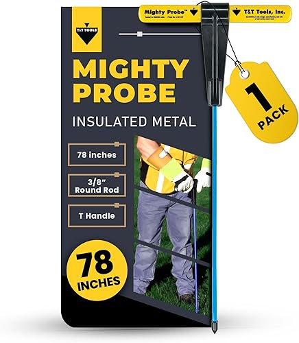 T&T Tools Mighty Probe - Sonda de suelo de metal aislada, 78 pulgadas de largo en total, con varilla redonda de metal de 38 pulgadas, varilla de