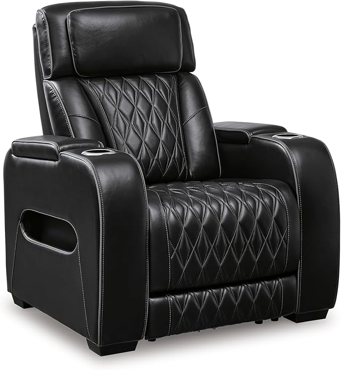 Signature Design by Ashley Boyington Contemporary Leather Match Power Recliner with Adjustable Headrest, Cup Holders, USB Port and Air Massage System, Black
