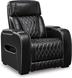 Signature Design by Ashley Boyington Contemporary Leather Match Power Recliner with Adjustable Headrest, Cup Holders, USB Port and Air Massage System, Black