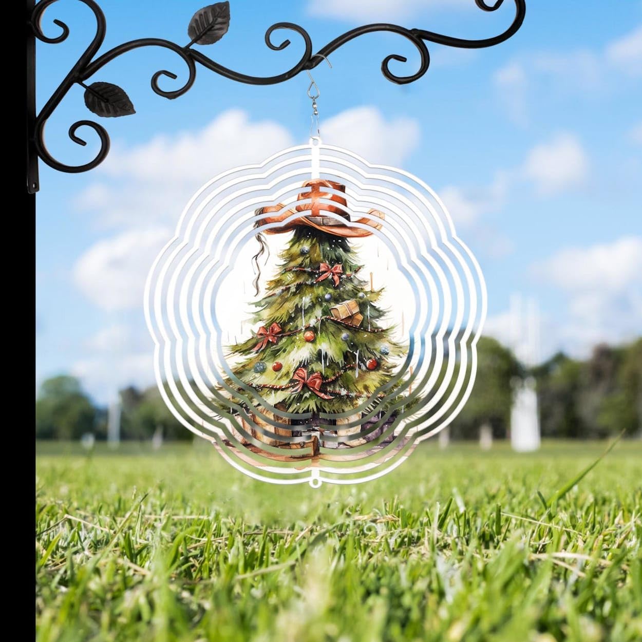 Christmas Tree Cowboy Hat Christmas Wind Spinners 3D Stainless Steel Laser Cut Metal Double Sided Printing-Hanging Indoor/Outdoor Decorations Yard Gardening Decor,Metal Kinetic Art 16x16 inches