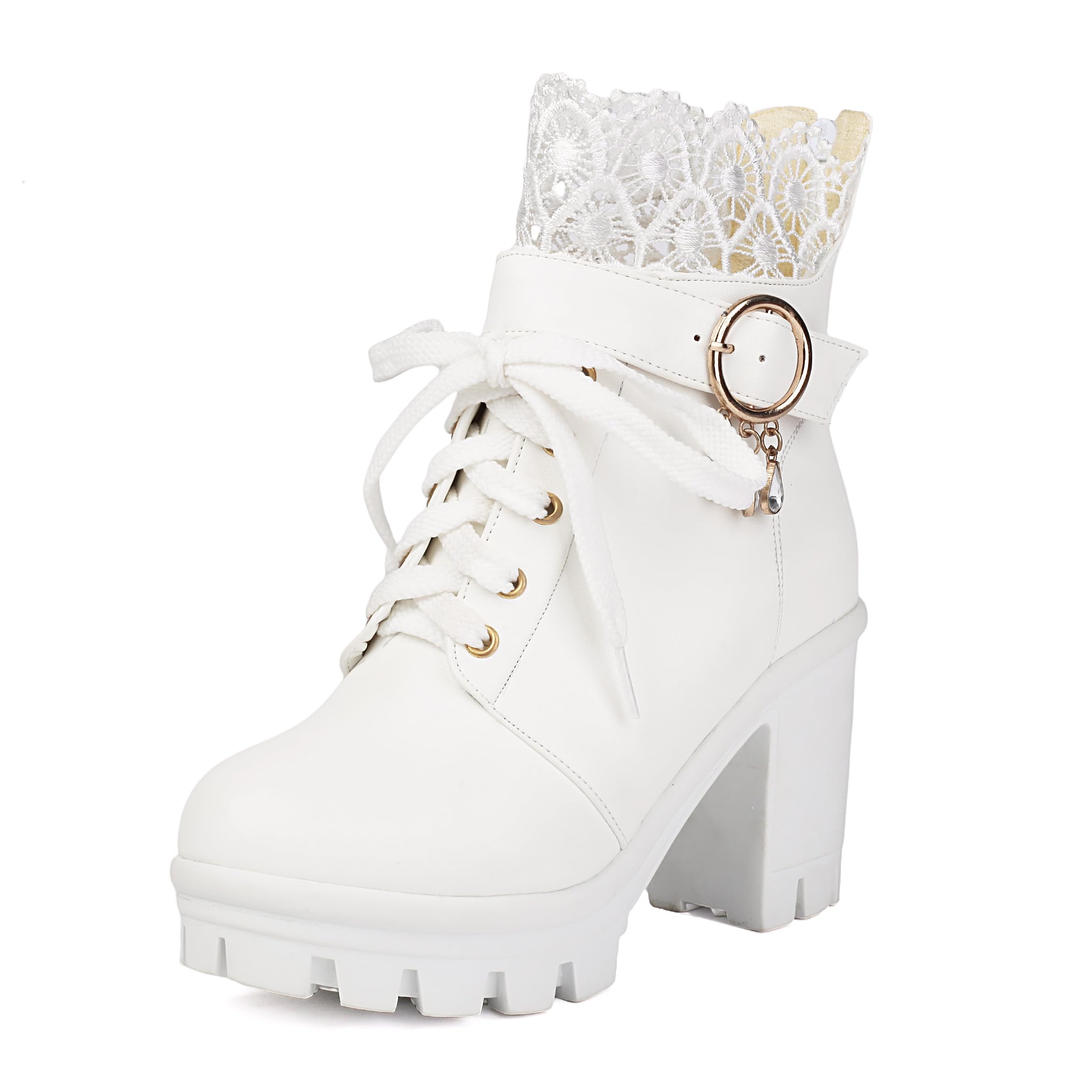 BEAUPAS Womens Lace Chunky Block Heel Combat Platform Boots Goth Lace-Up Ankle Boots