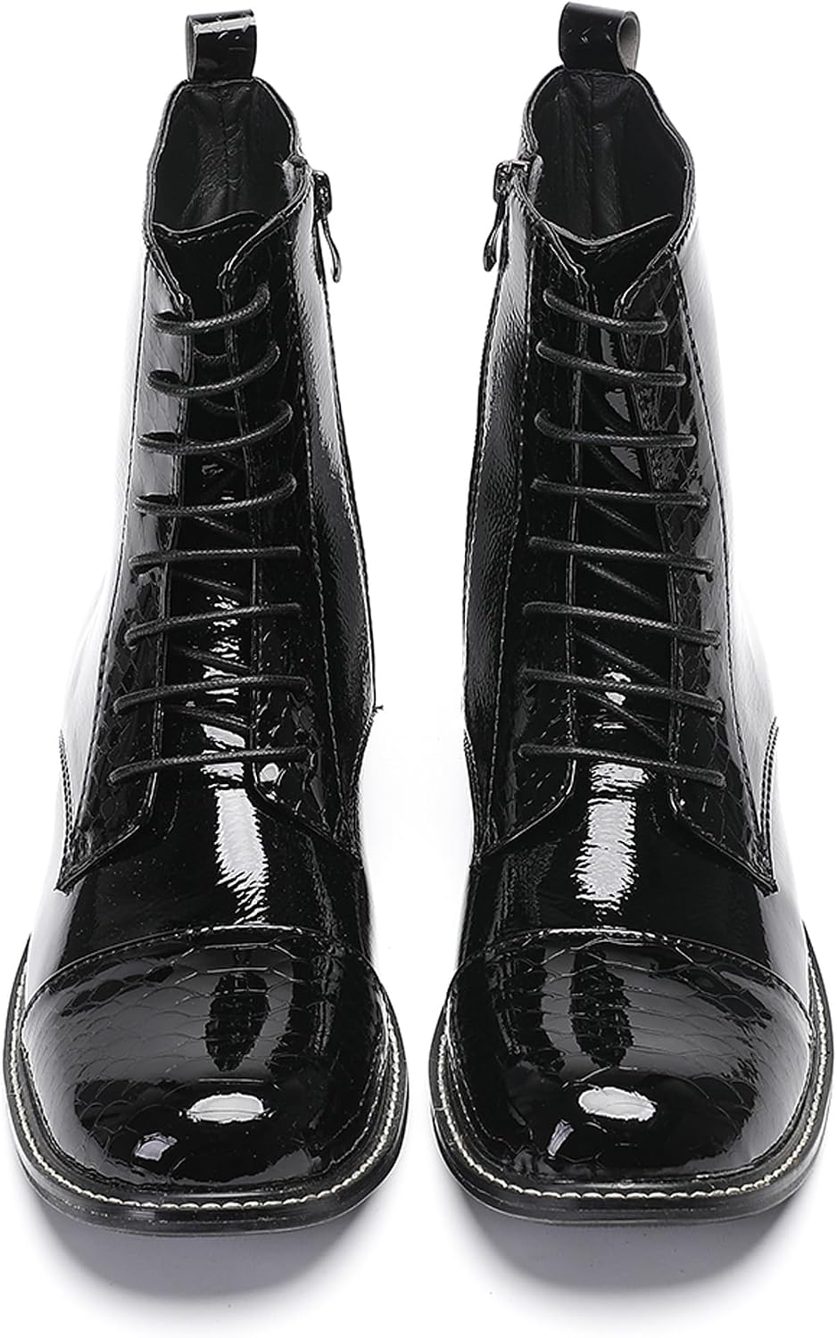 Santimon Men's Dress Casual Patent Leather Oxfords Boots - Black Glossy Square Toe Ankle Boots with Brogue Detailing -Vintage Cowboy Style for Party, Wedding & Bar