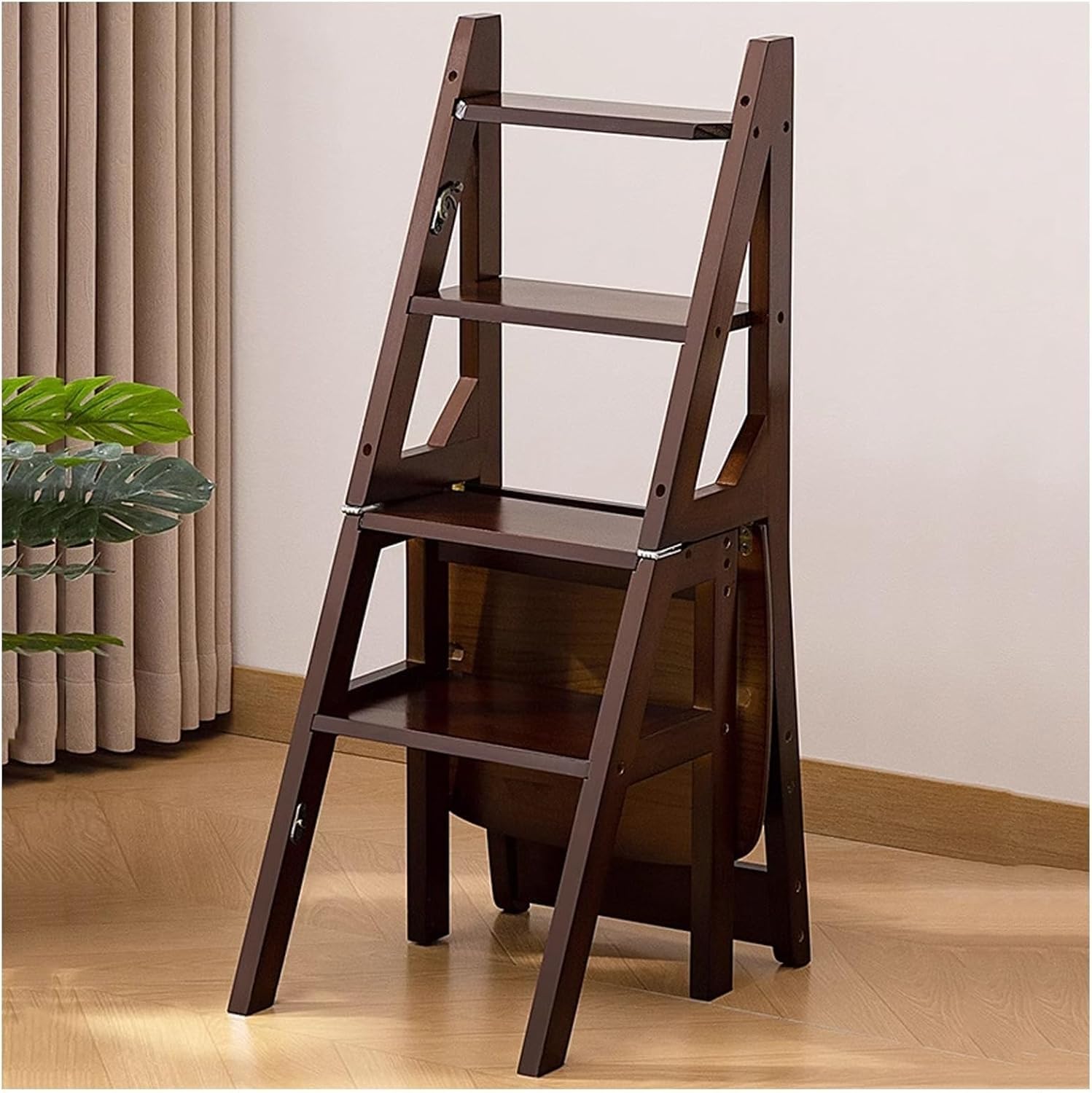 Solid Wood Folding Library Ladder Chair, 4-Step Foldable Step Stool & Display Stand, Dual Purpose Stepladder 400lbs Capacity, for Home Kitchen Office Book Climb Flower Plant Shelf