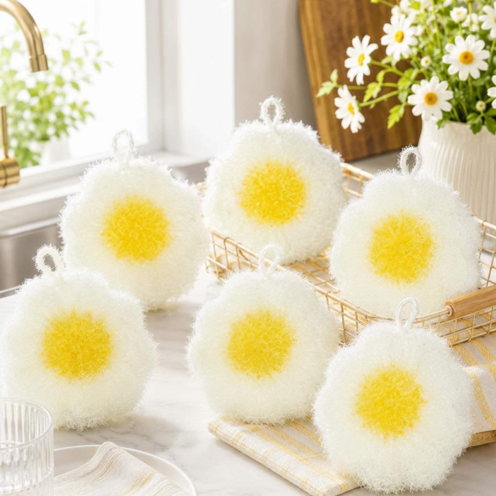 Photo 1 of 6 Piecs Fun Daisy Shape Dish Sponge Gifts Dual Sided Non Scratch Daisy Dish Washing Scrubbers, Reusable Household Cleaning Kitchen Tools for Dishwashing Washing Dishes Cookware Spring Kitchen Decor