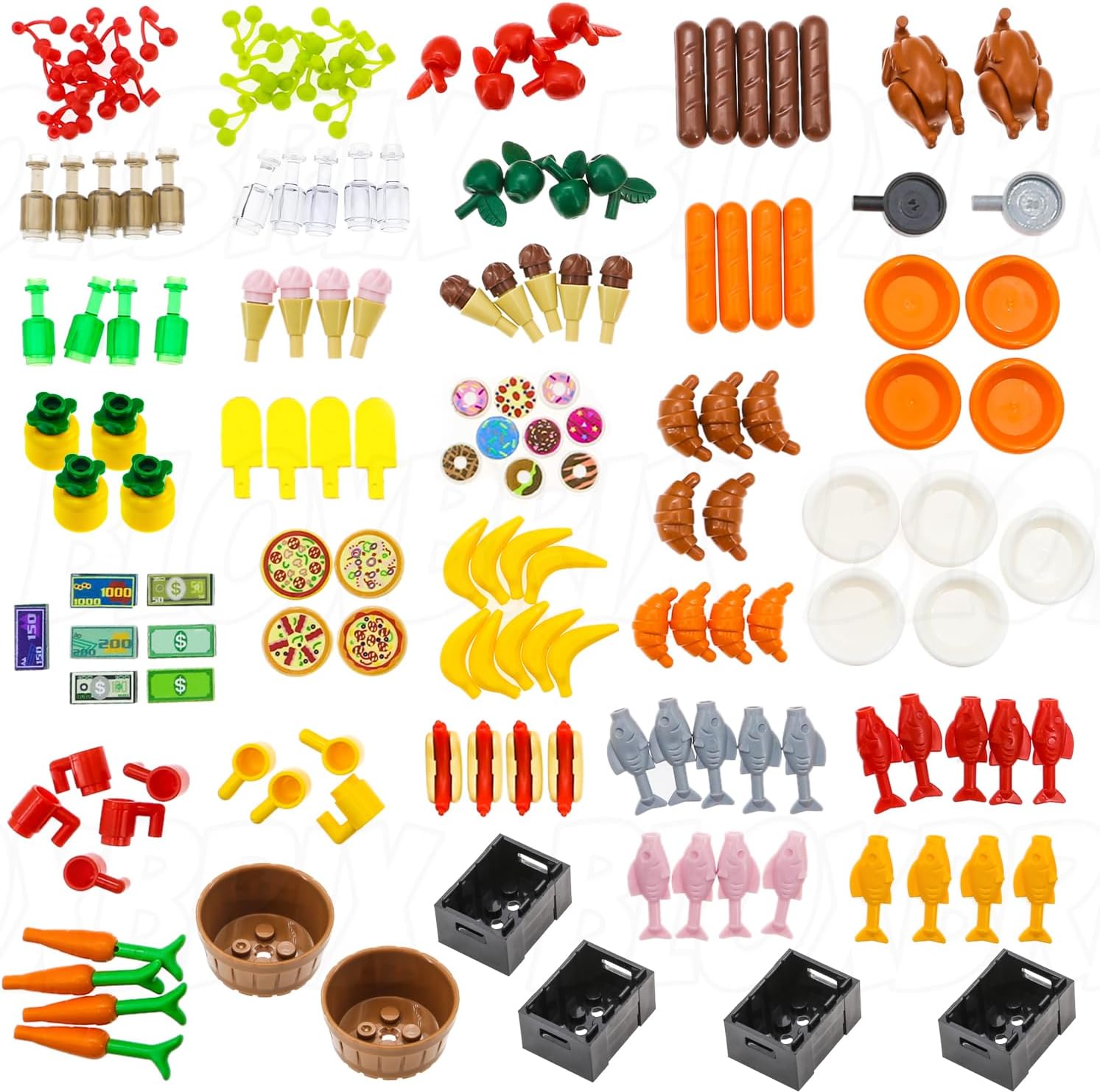 BloxBrix 370pcs City-Friends Brick-Food-Pieces -Fruit-Apple-Banana-Pineapple-Cherry Desserts-Ice Cream-Cake-Sweet Cone Picnic-Pizza-Hotdogs-Turkey-Fish-Beer-Money Toys for Extra Bricks
