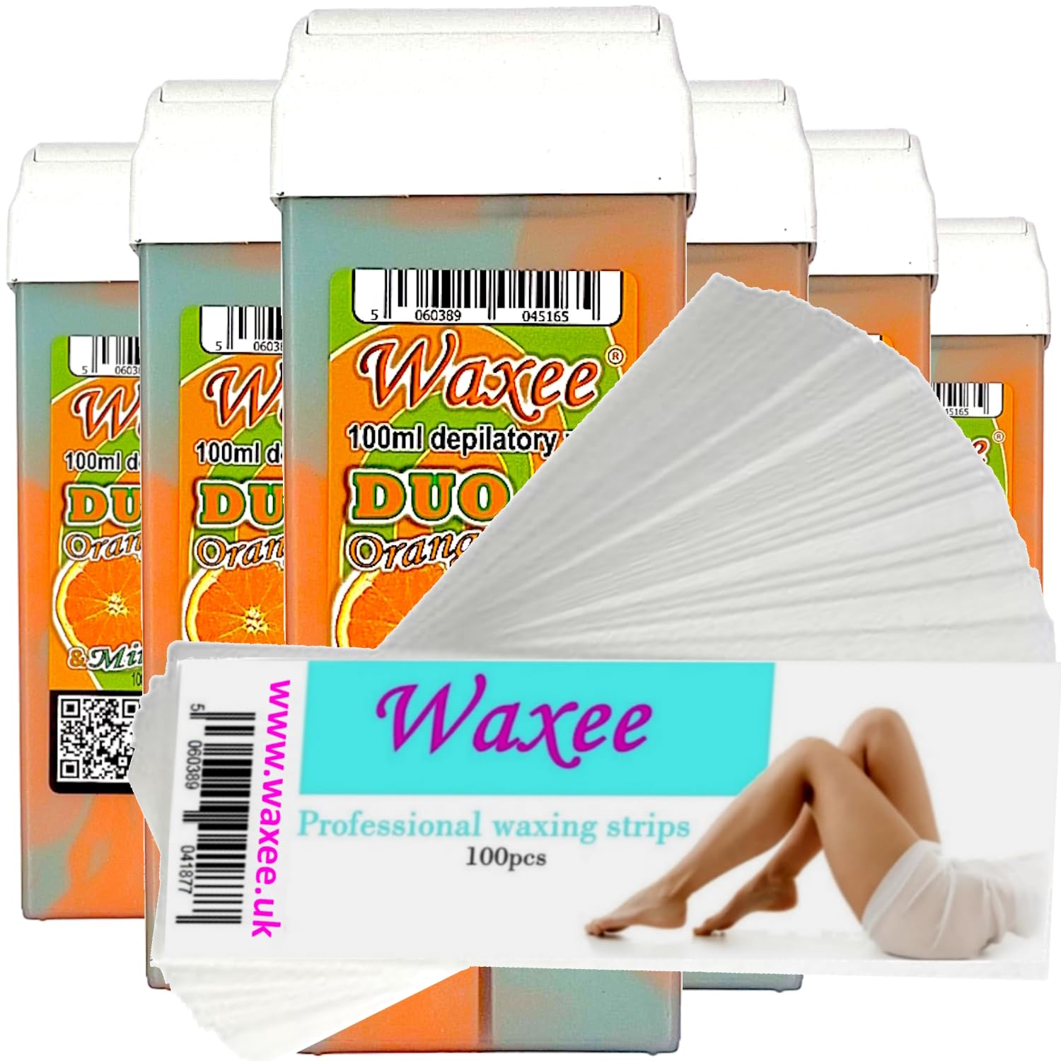 6x 100ml roll-on wax roller wax cartridge refill + 100 waxing strips from UK brand Waxee! (Pink) — view 3