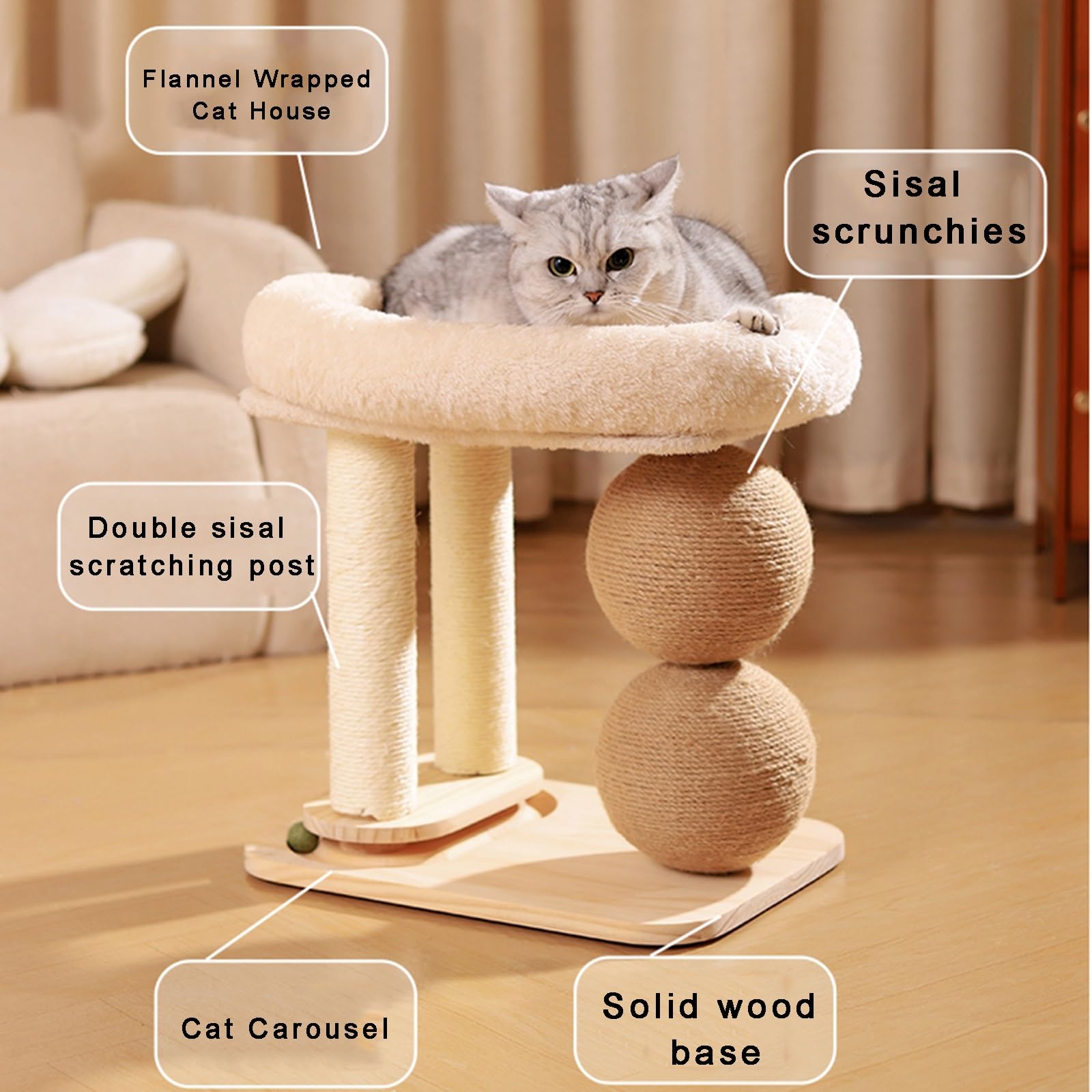 Kratzbaum Turm mit Massivholzsockel, Tragbares Design, rutschfeste kompakte Struktur, 2 Sisal-Kratzstämme, Top Katzennest, ideal für Indoor-Katzen