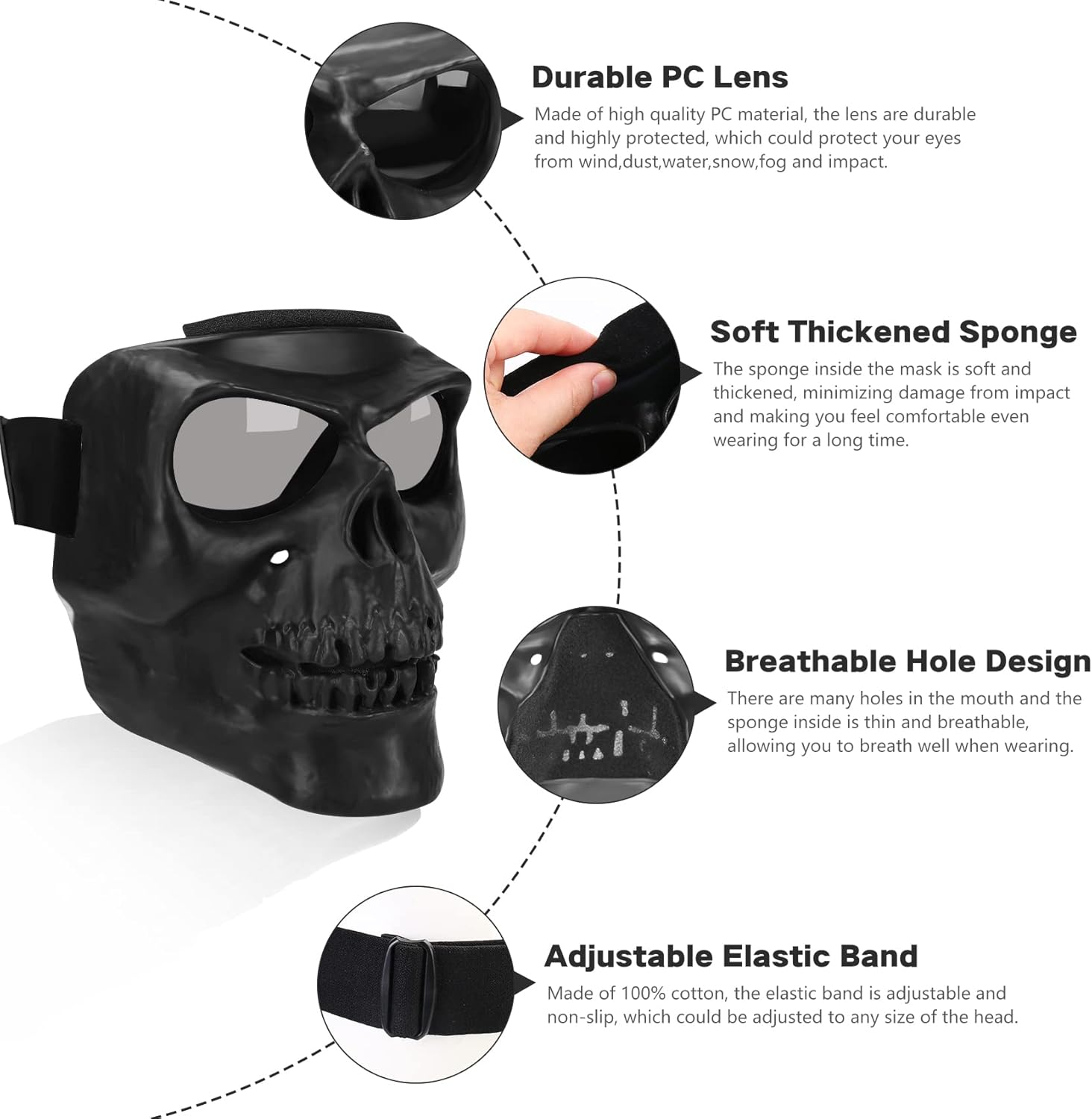 Skull Face Mask Paintball Mask Airsoft Mask Full Face Tactical Mask Goggles Mask Anti-Fog Windproof Face Mask for CS Airsoft Motocross Skiing Halloween Shooting Cosplay Cycling Party (Black) : Sports & Outdoors