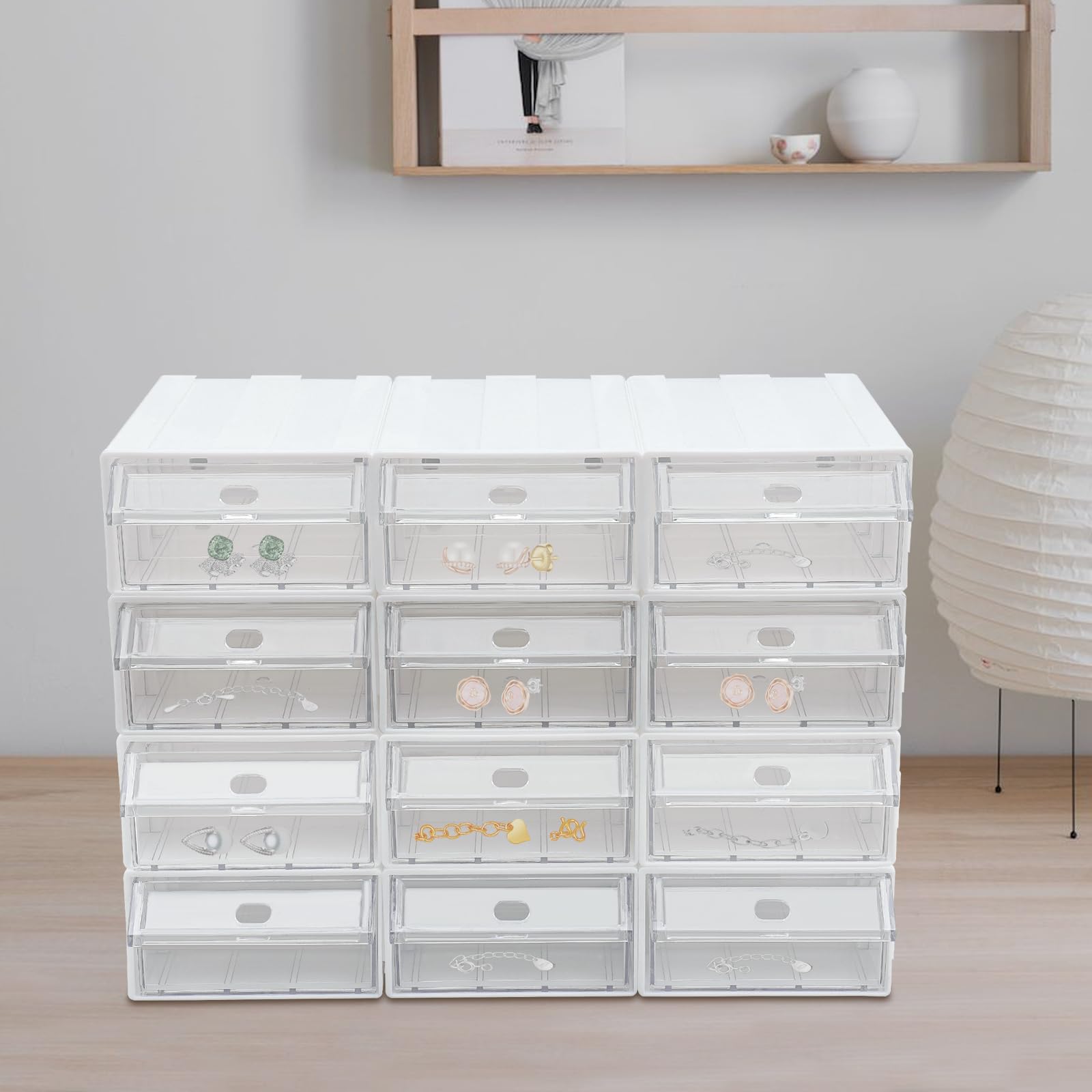 Scatola per bricolage con 12 cassetti, impilabile, trasparente e bianco, mini rimovibile, con graziosi design per cancelleria e accessori